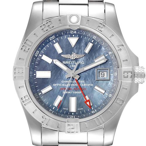 Photo of Breitling Avenger II GMT Blue Mother of Pearl Steel Mens Watch A32390 Box Card