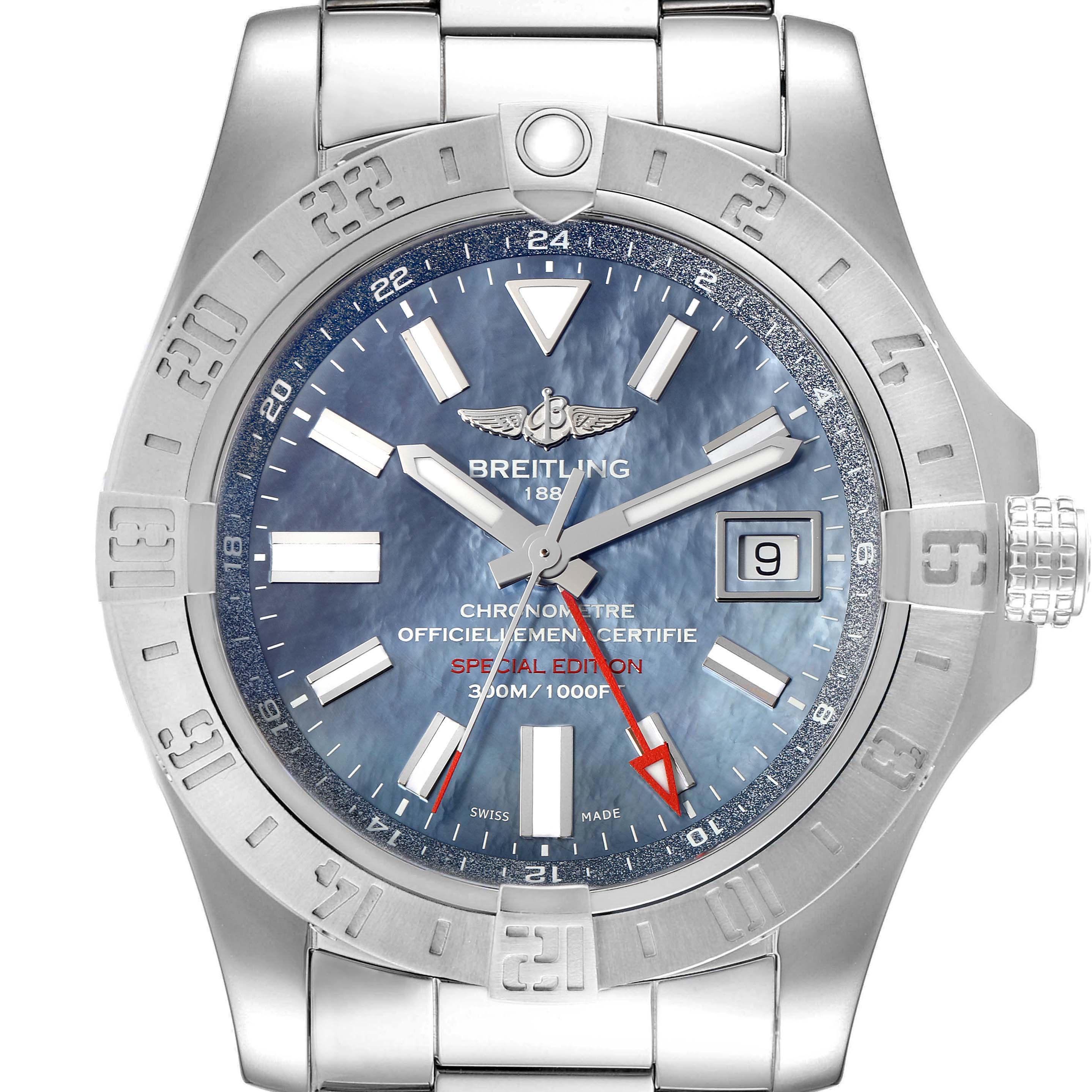 The Breitling Avenger A3239011-C872-170A Men's Stainless Steel Mother of Pearl Dial A3239011-C872-170A Men's Stainless Steel Mother of Pearl Dial watch is shown from a front angle, highlighting the dial, date window, bezel, and part of the bracelet.
