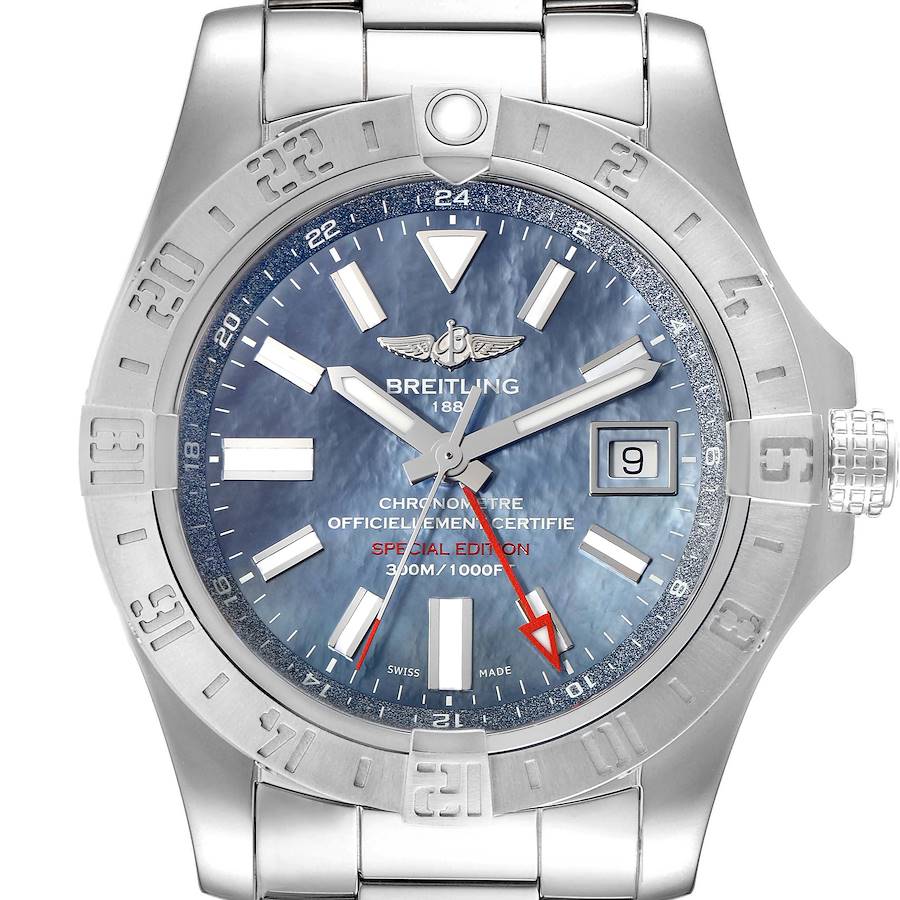 Breitling Avenger II GMT Blue Mother of Pearl Steel Mens Watch A32390 Box Card SwissWatchExpo