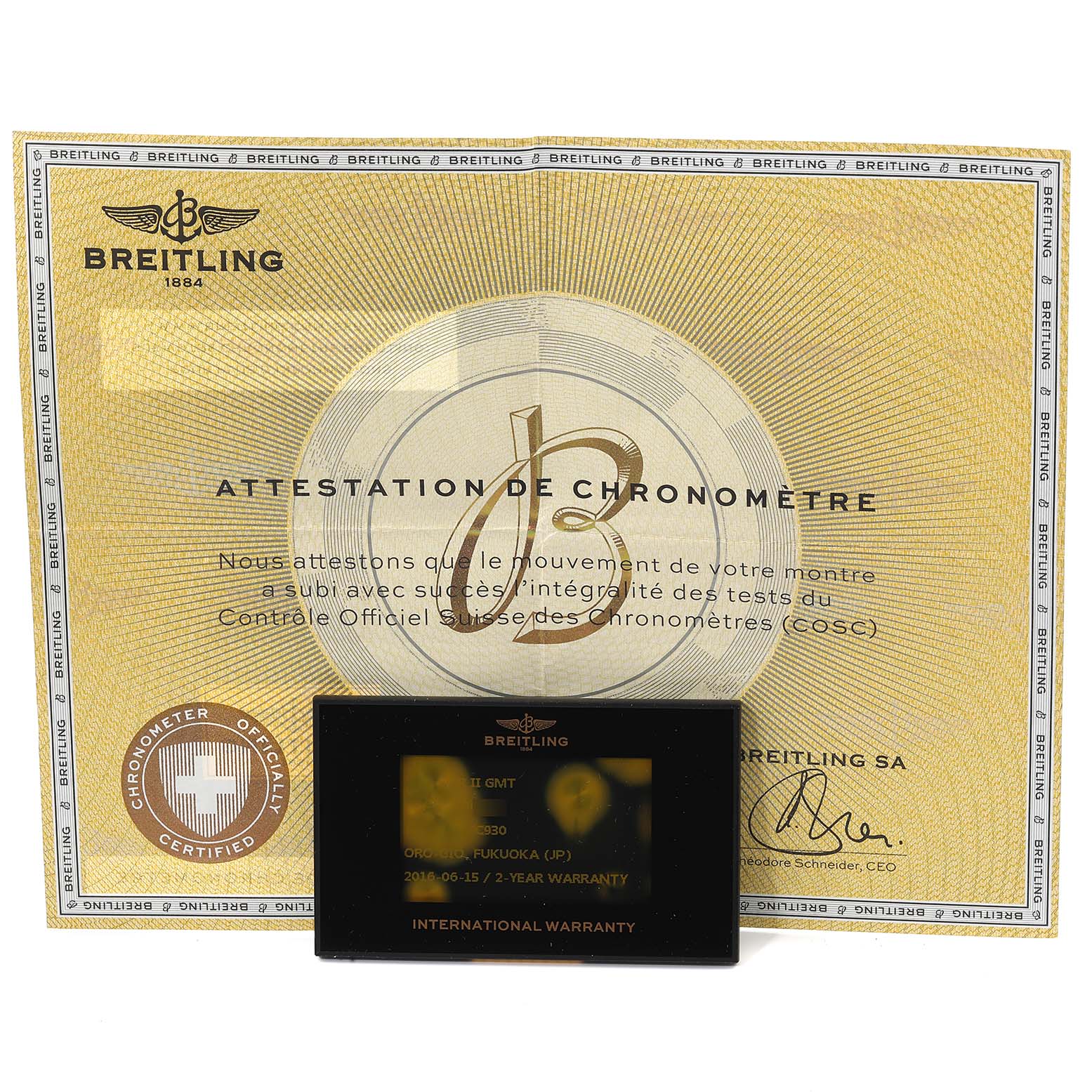 The image shows the warranty card and attestation certificate for the Breitling Avenger A3239011-C872-170A Men's Stainless Steel Mother of Pearl Dial A3239011-C872-170A Men's Stainless Steel Mother of Pearl Dial model.