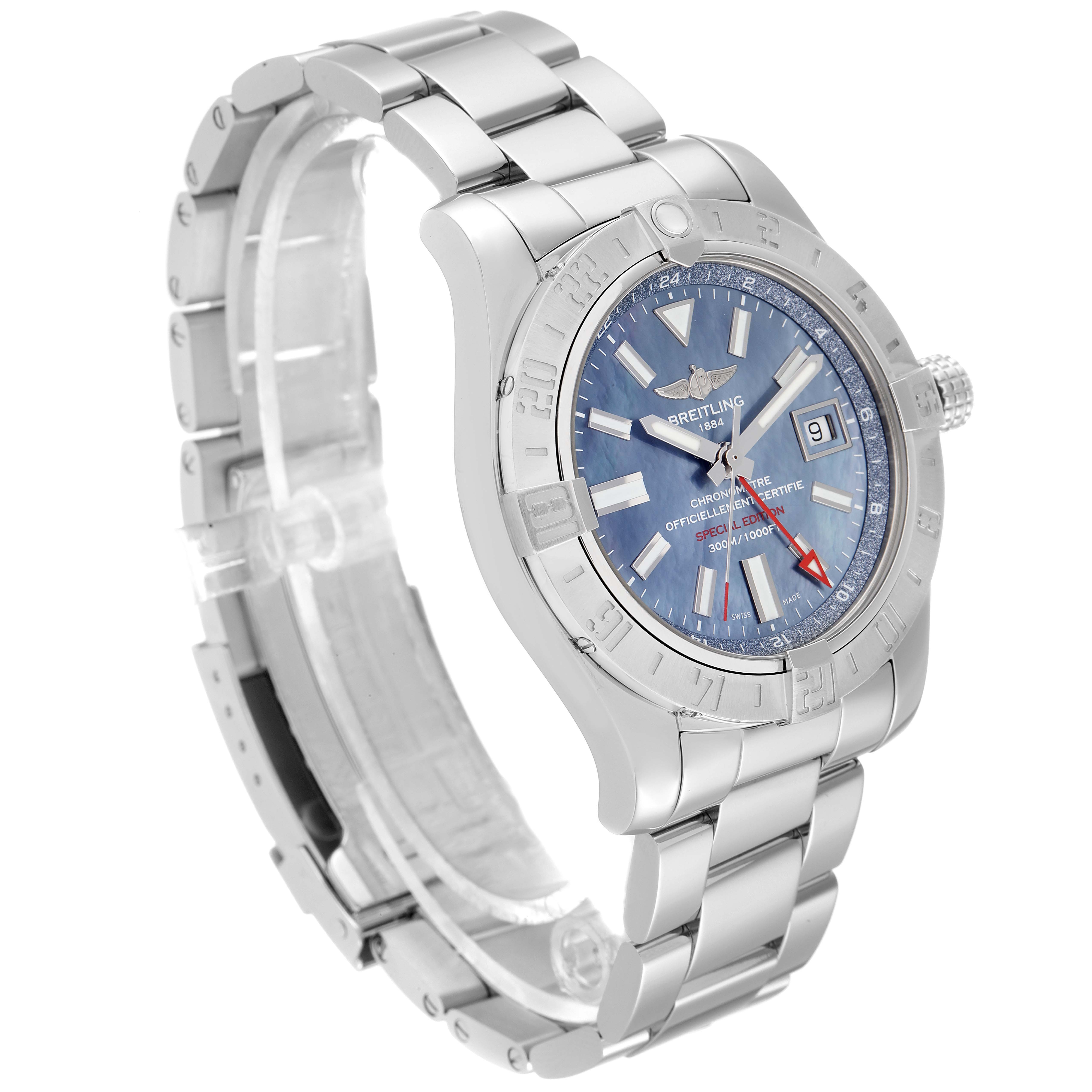 The Breitling Avenger A3239011-C872-170A Men's Stainless Steel Mother of Pearl Dial A3239011-C872-170A Men's Stainless Steel Mother of Pearl Dial watch is displayed at a three-quarter angle, showing its dial, bezel, crown, and metal bracelet.