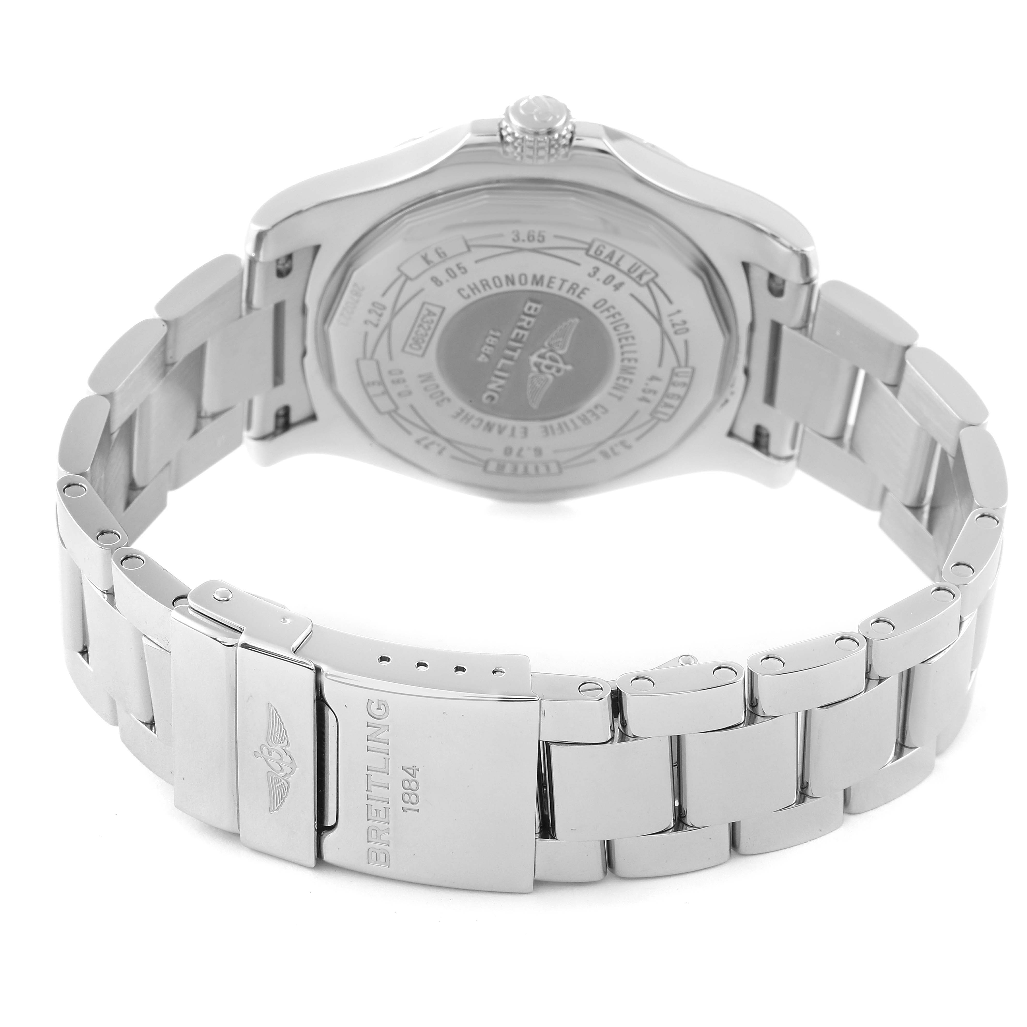 This image shows the back side of a Breitling Avenger A3239011-C872-170A Men's Stainless Steel Mother of Pearl Dial A3239011-C872-170A Men's Stainless Steel Mother of Pearl Dial watch and part of its stainless steel bracelet.