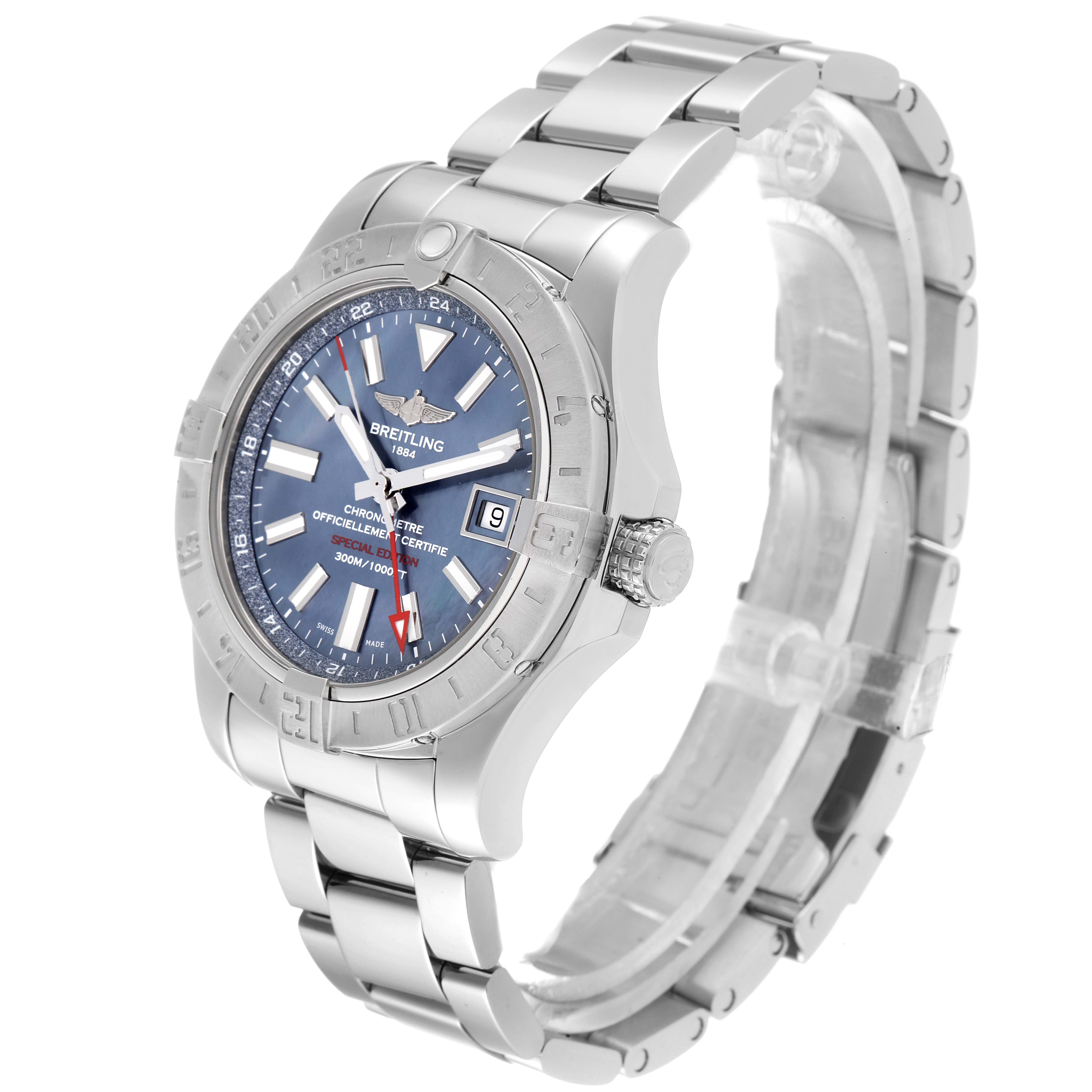 The image shows a side angle of the Breitling Avenger A3239011-C872-170A Men's Stainless Steel Mother of Pearl Dial A3239011-C872-170A Men's Stainless Steel Mother of Pearl Dial watch, highlighting its face, bezel, crown, and metal bracelet.