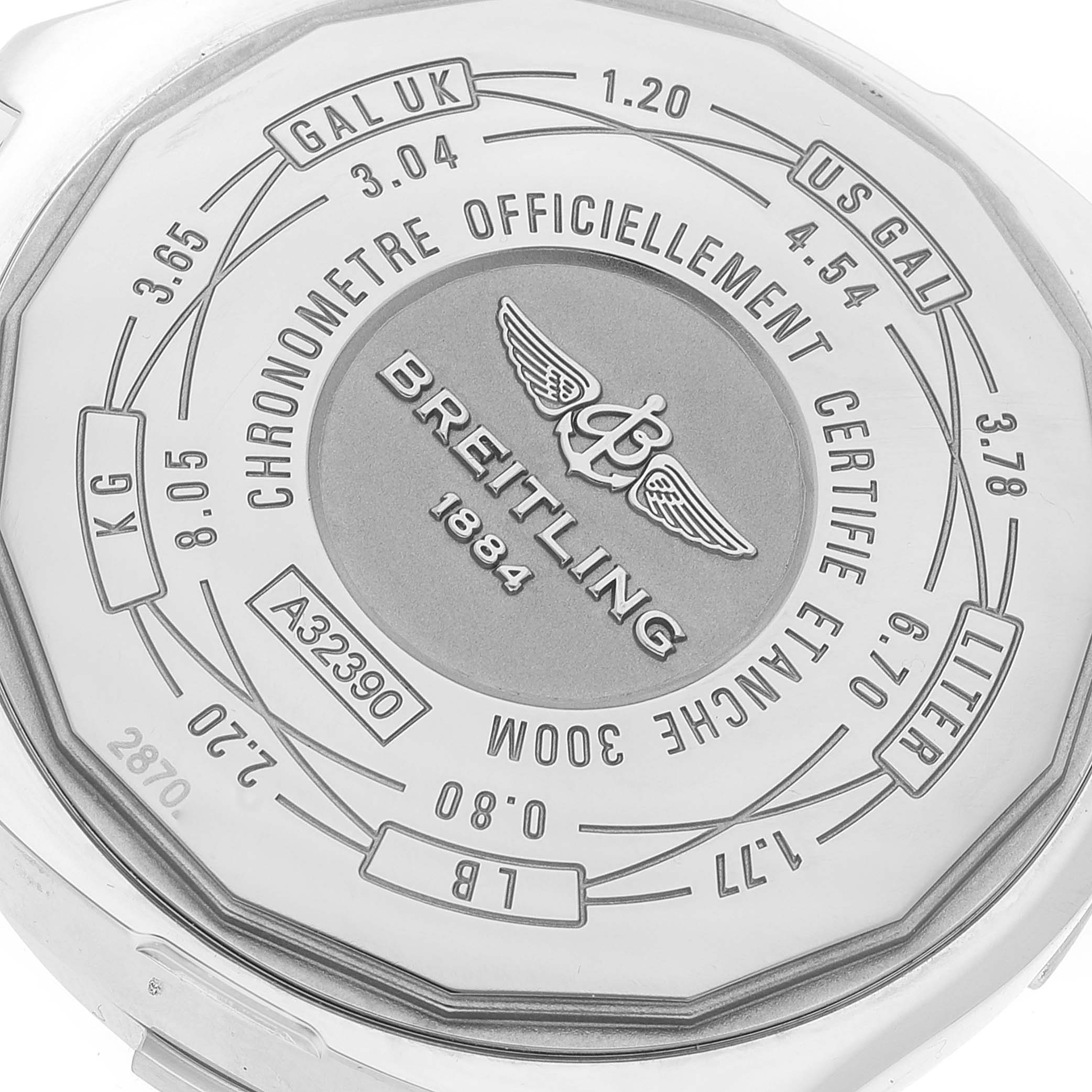 The image shows the back case of a Breitling Avenger A3239011-C872-170A Men's Stainless Steel Mother of Pearl Dial A3239011-C872-170A Men's Stainless Steel Mother of Pearl Dial watch, highlighting model specifications and brand information.