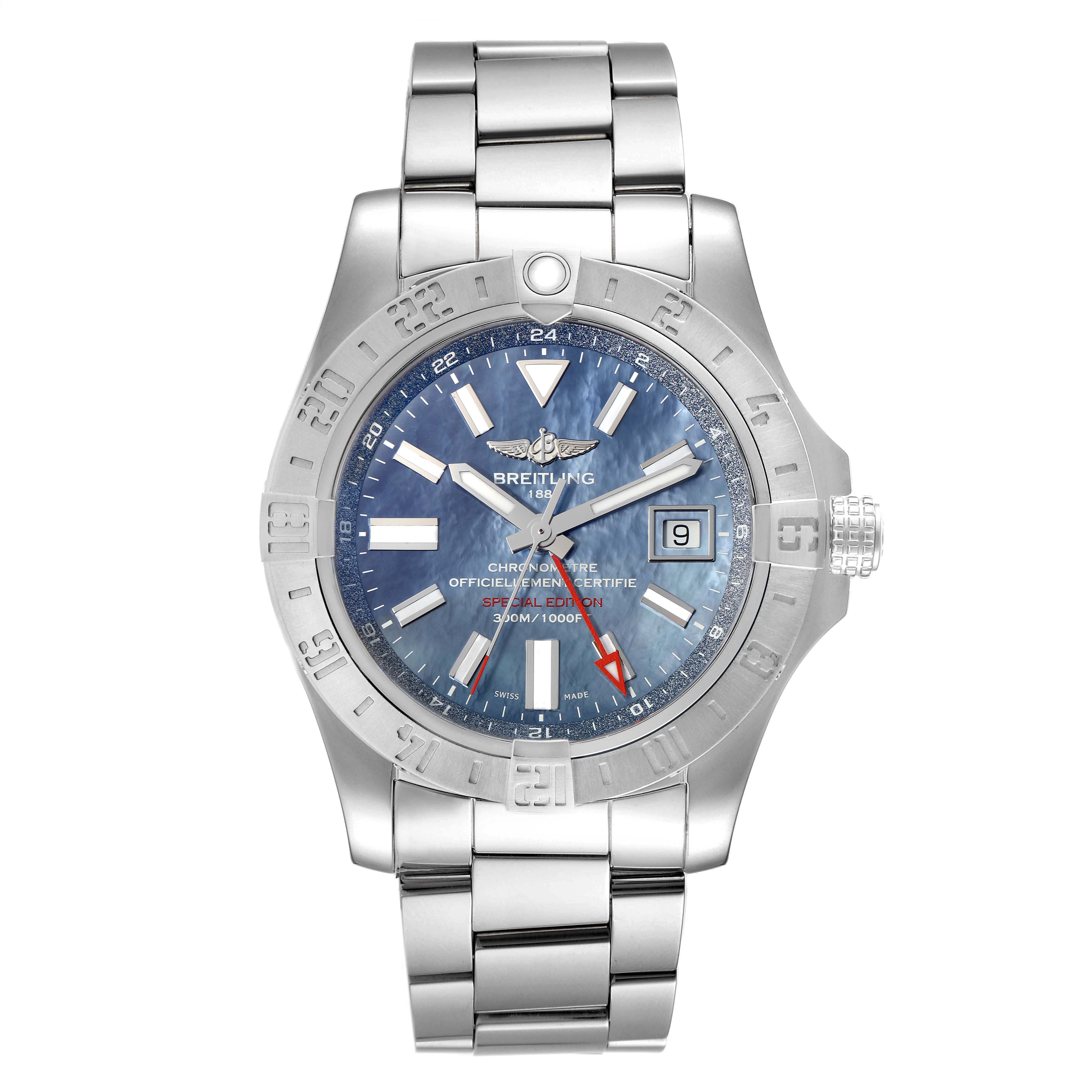 The Breitling Avenger A3239011-C872-170A Men's Stainless Steel Mother of Pearl Dial A3239011-C872-170A Men's Stainless Steel Mother of Pearl Dial watch is shown from a top-down angle, displaying the face, bezel, and metal band.