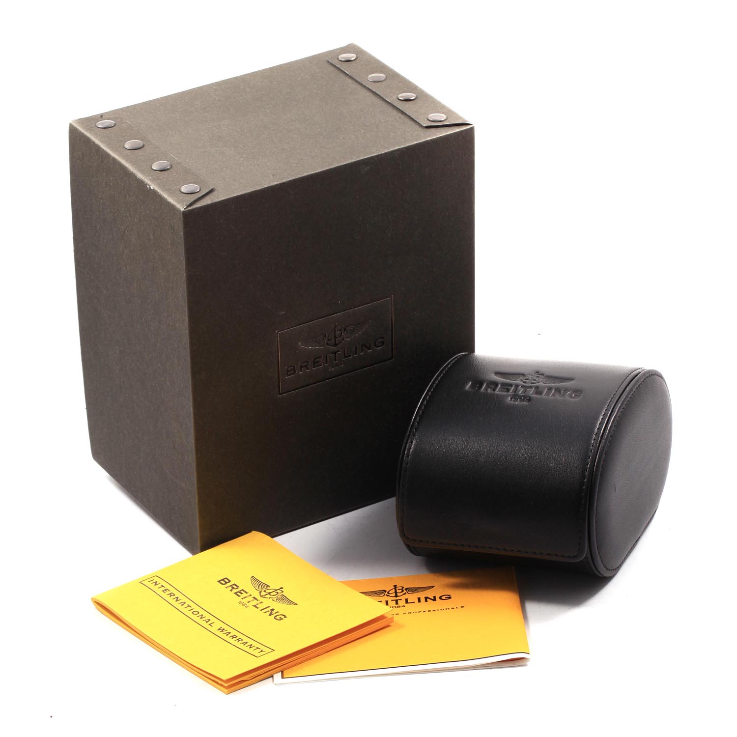 The image shows the packaging and accessories for a Breitling Avenger A17330 Men's Stainless Steel Yellow Dial A17330 Men's Stainless Steel Yellow Dial watch, including a box, a black leather case, and warranty booklets.