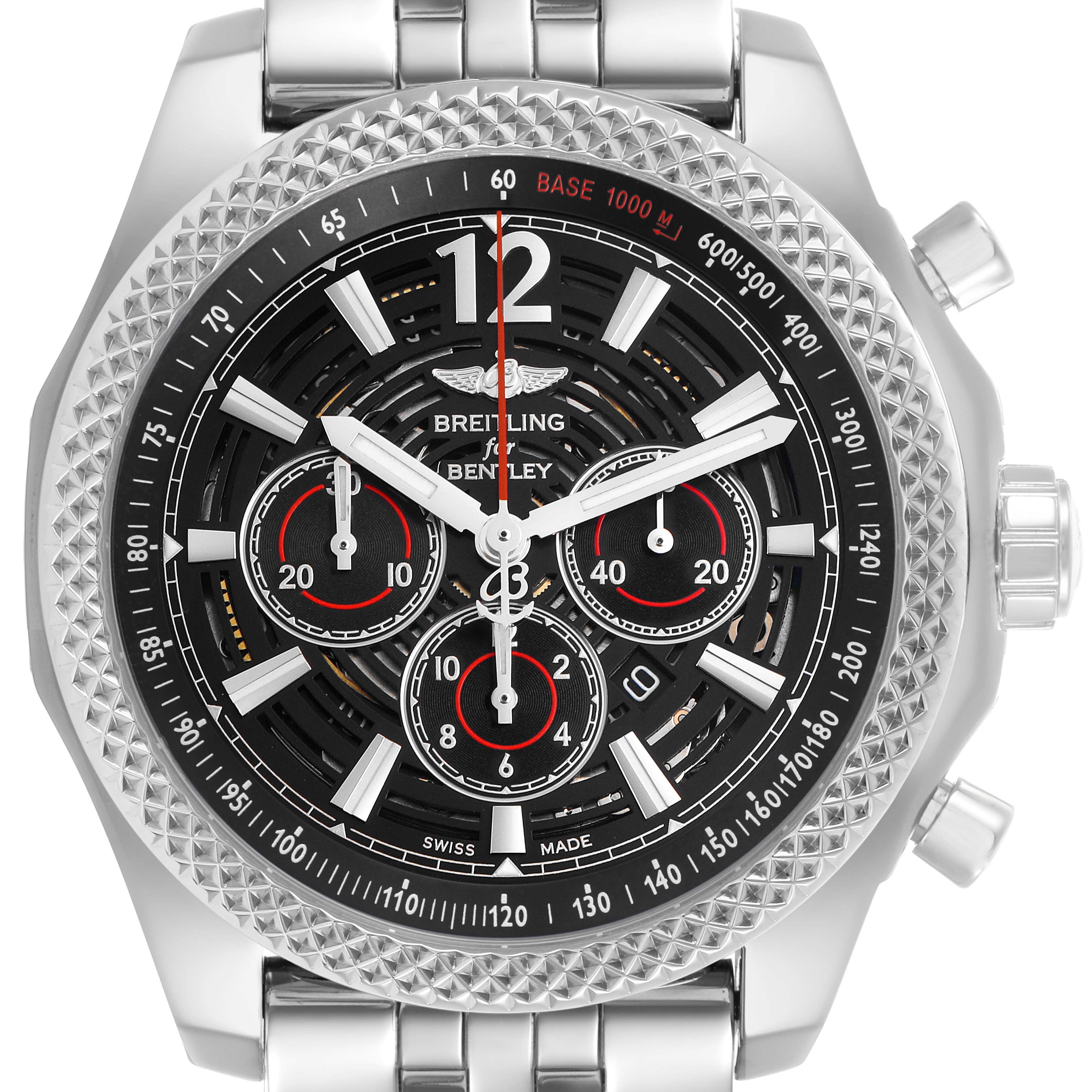 The Breitling Bentley A41390 Men's Stainless Steel Black Dial watch is shown from a front view, highlighting its dial, bezel, and chronograph features.