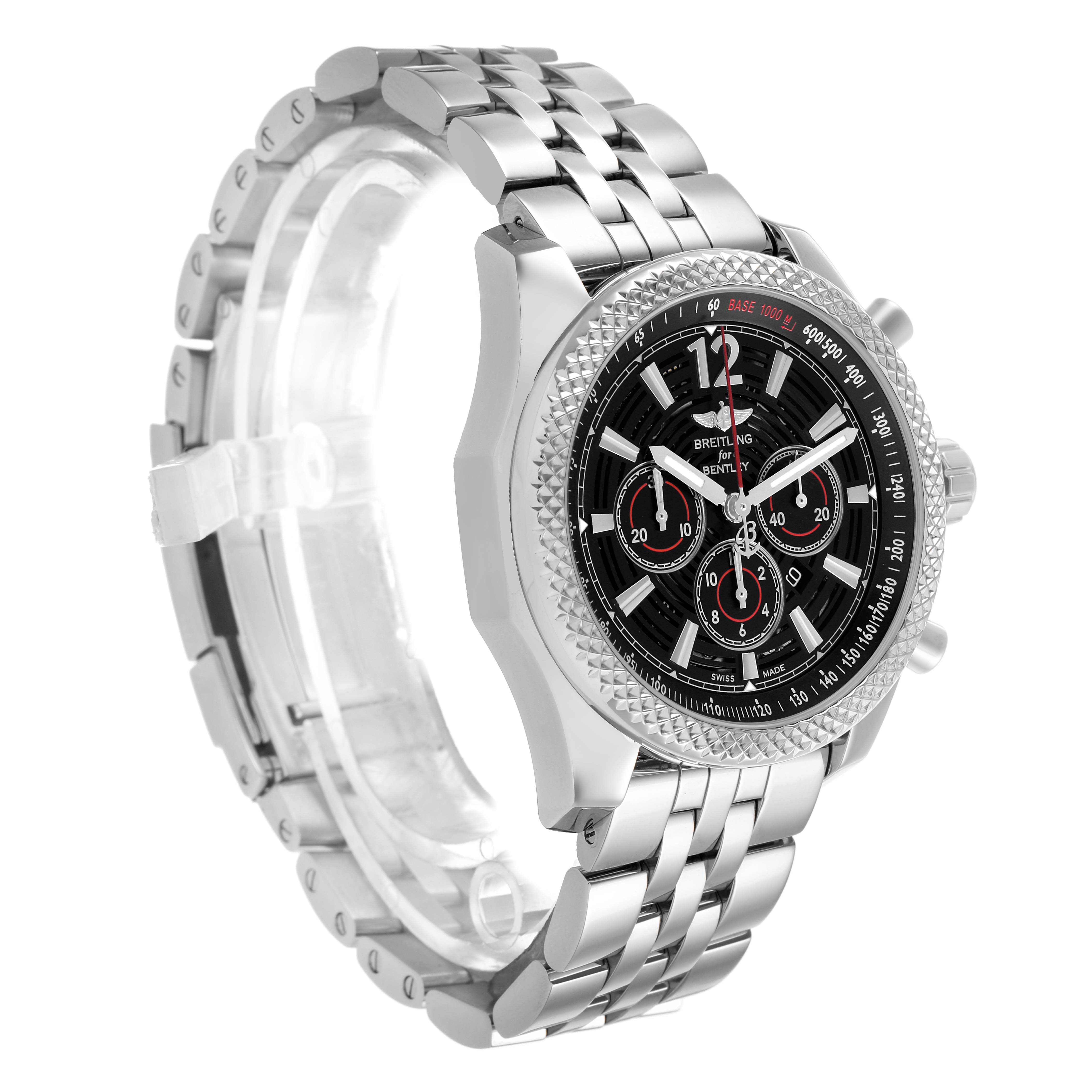 The Bentley model by Breitling is shown at a three-quarter angle, highlighting its face, bezel, and metal bracelet.