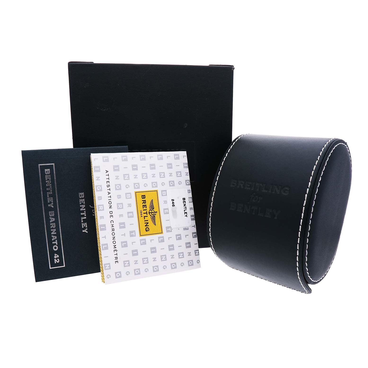 The image shows a Breitling Bentley A41390 Men's Stainless Steel Black Dial watch box, along with documentation and a black leather case with white stitching.