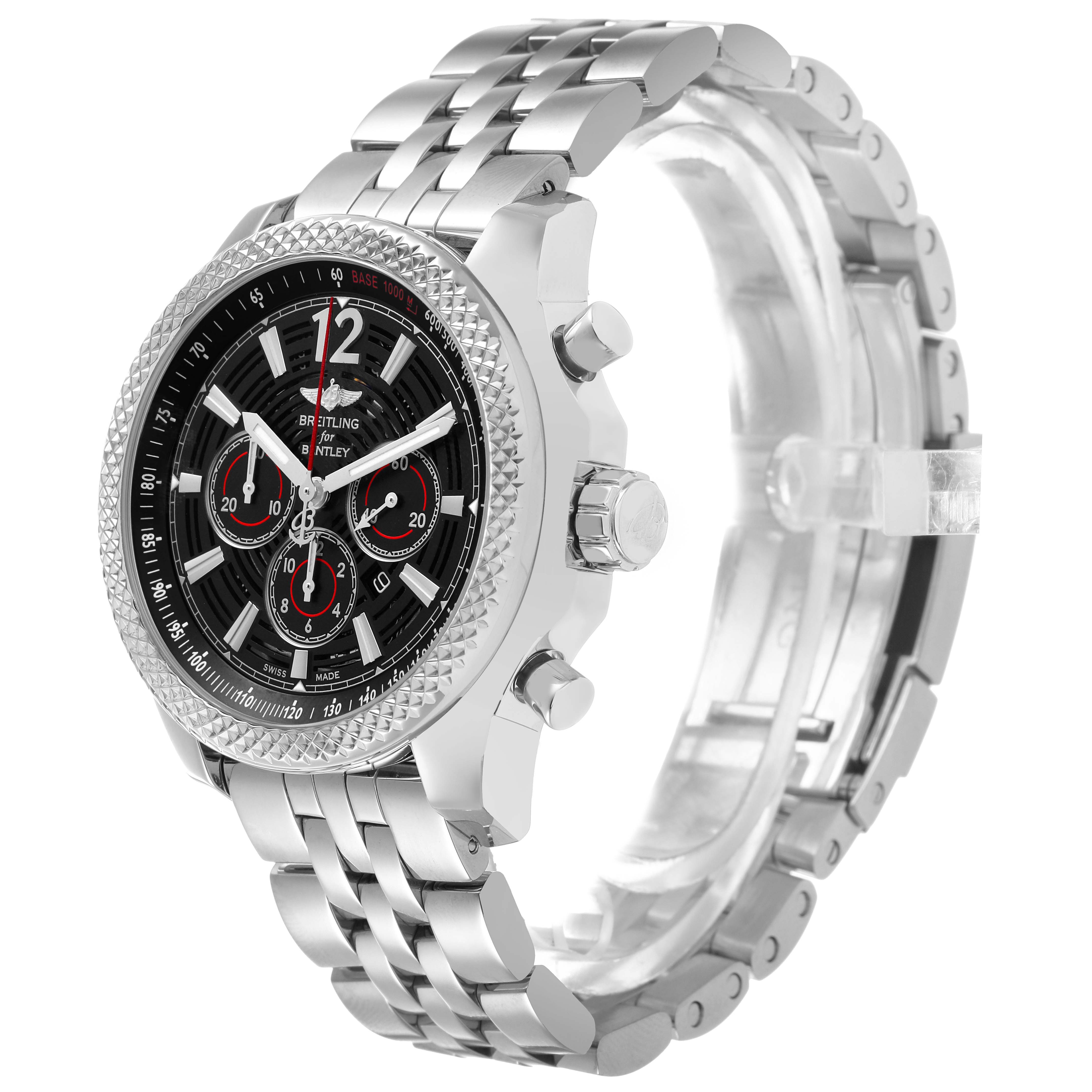 The Breitling Bentley A41390 Men's Stainless Steel Black Dial watch is shown at an angle highlighting the bracelet, bezel, chronograph dials, and crown.