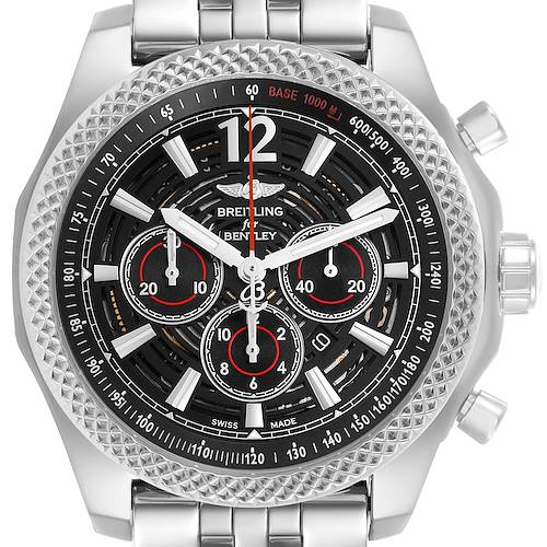 The Breitling Bentley A41390 Men's Stainless Steel Black Dial watch is shown from the front, highlighting its dial, bezel, and subdials.