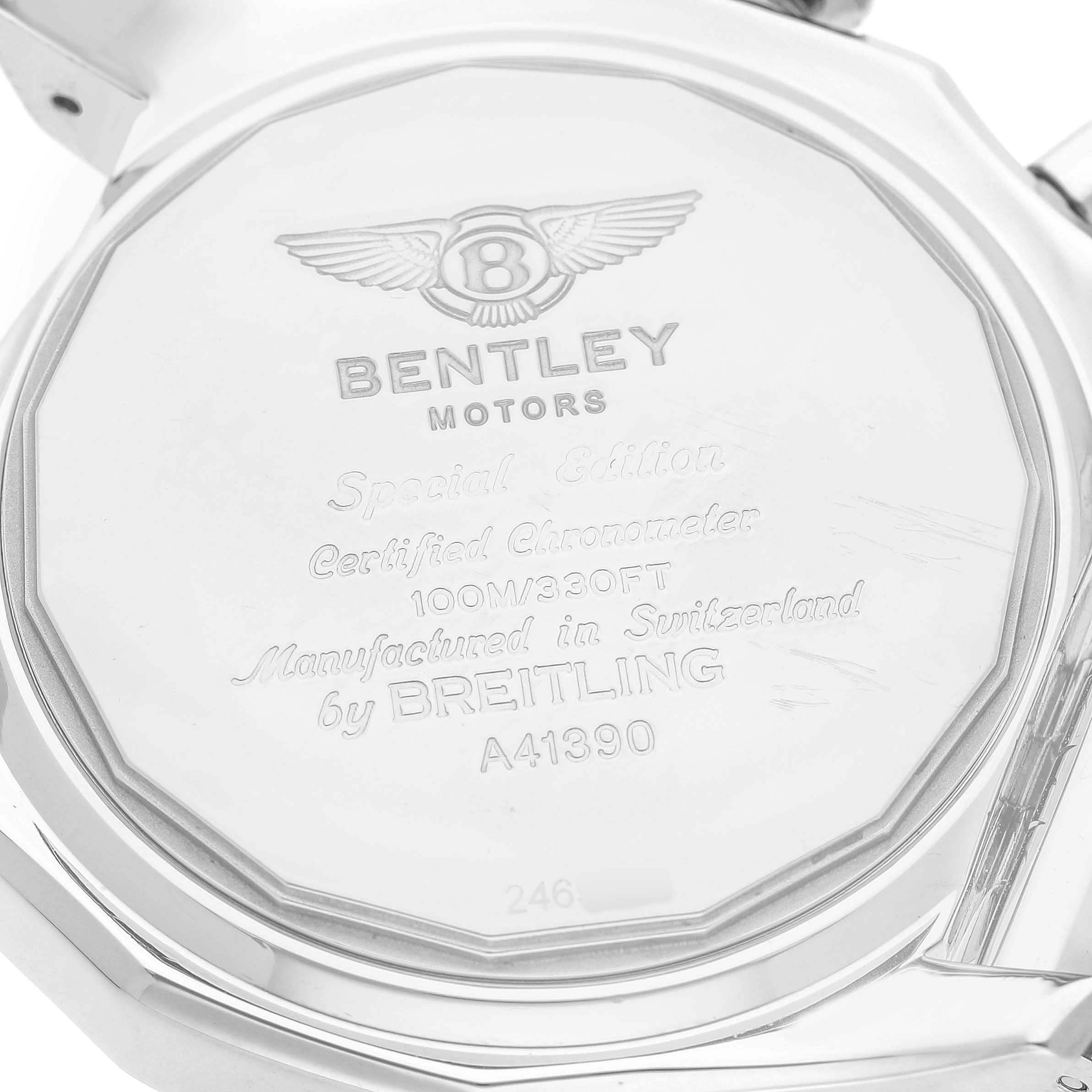 The image shows the case back of a Breitling Bentley A41390 Men's Stainless Steel Black Dial watch, featuring engraved branding and specifications.