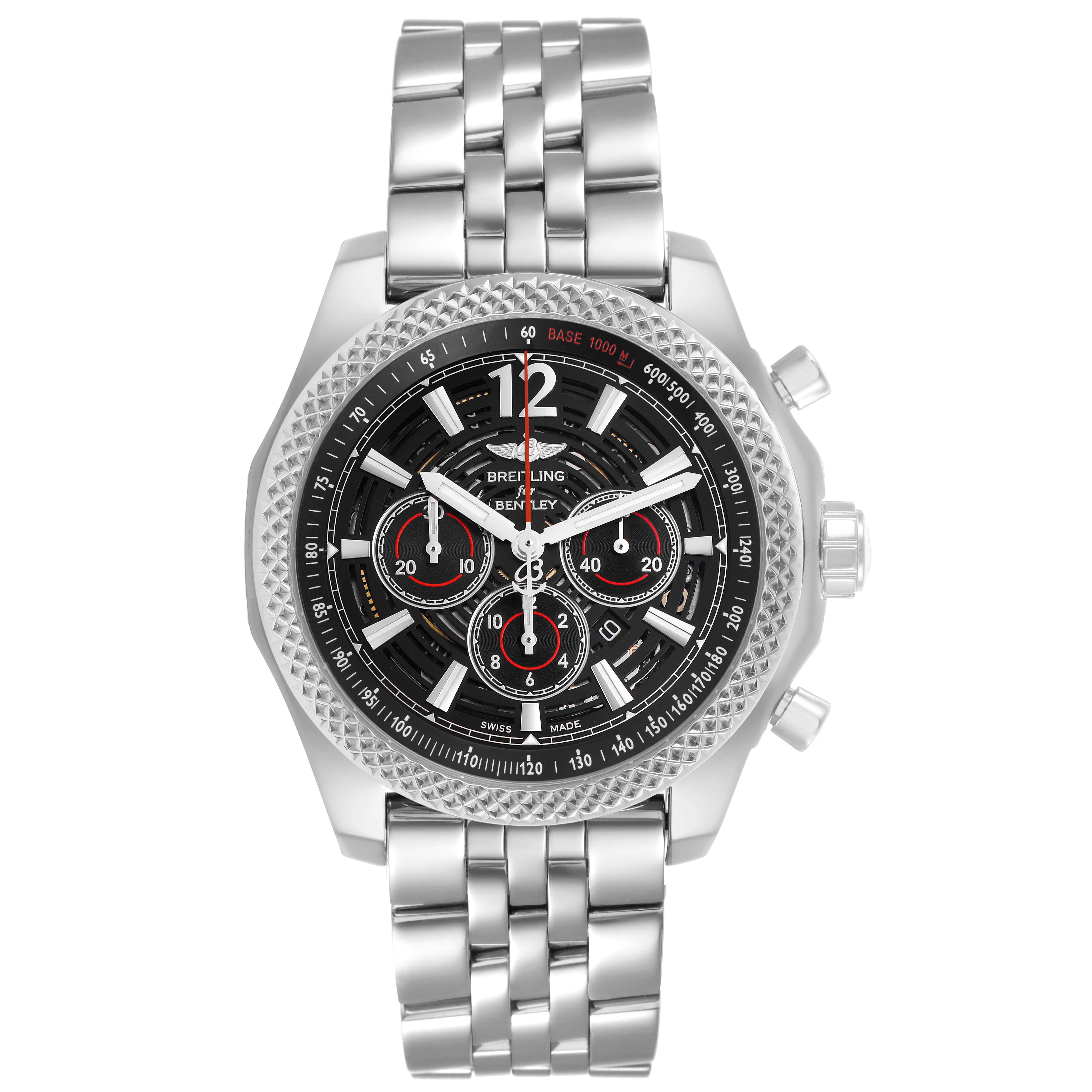 The Breitling Bentley A41390 Men's Stainless Steel Black Dial watch is shown from a top view, highlighting the face, bezel, and bracelet.
