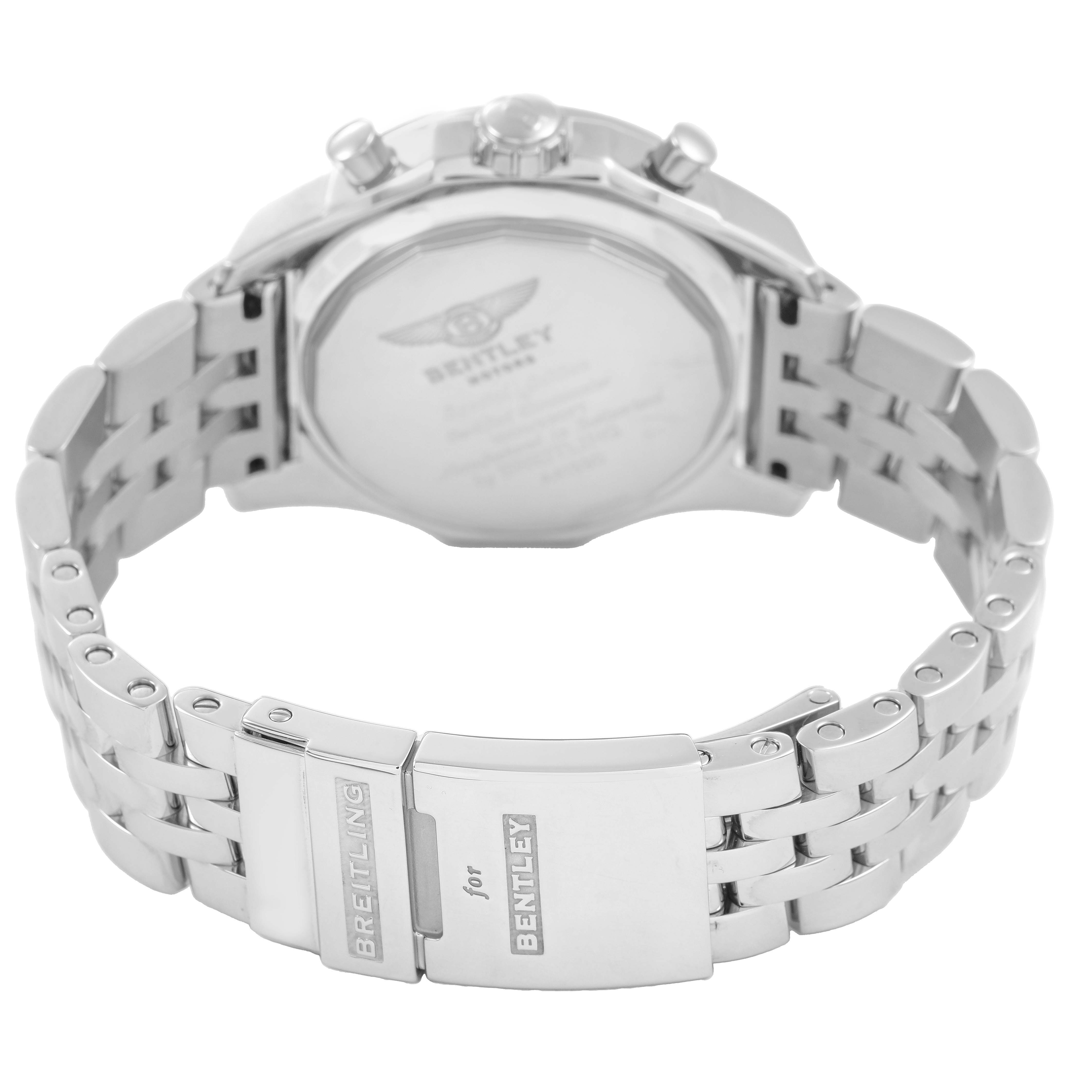 The image shows the back view of a Breitling for Bentley watch, highlighting the clasp and bracelet.