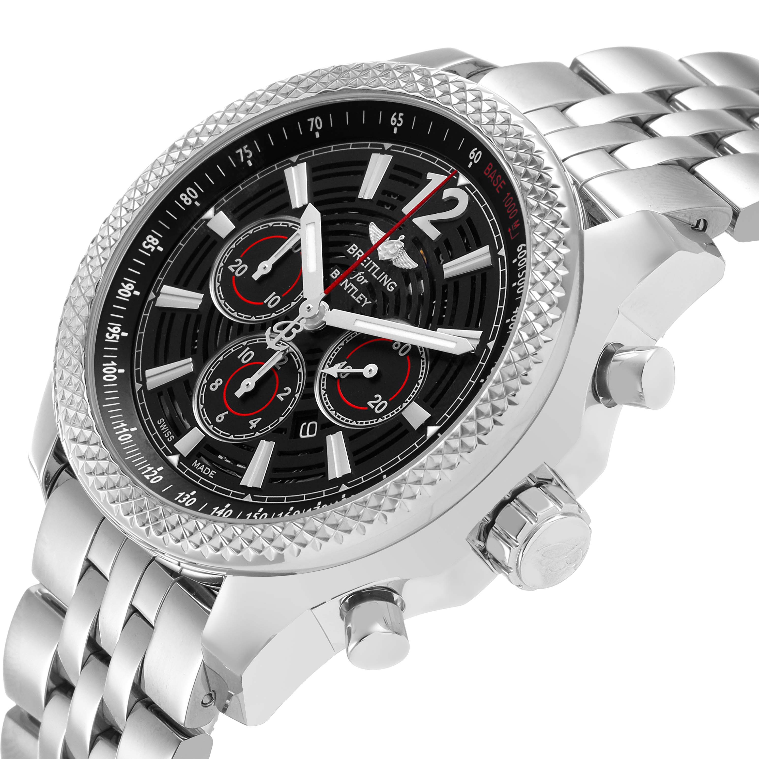 The Breitling Bentley A41390 Men's Stainless Steel Black Dial watch is shown at an angled side view, highlighting the bezel, dial, subdials, and bracelet.