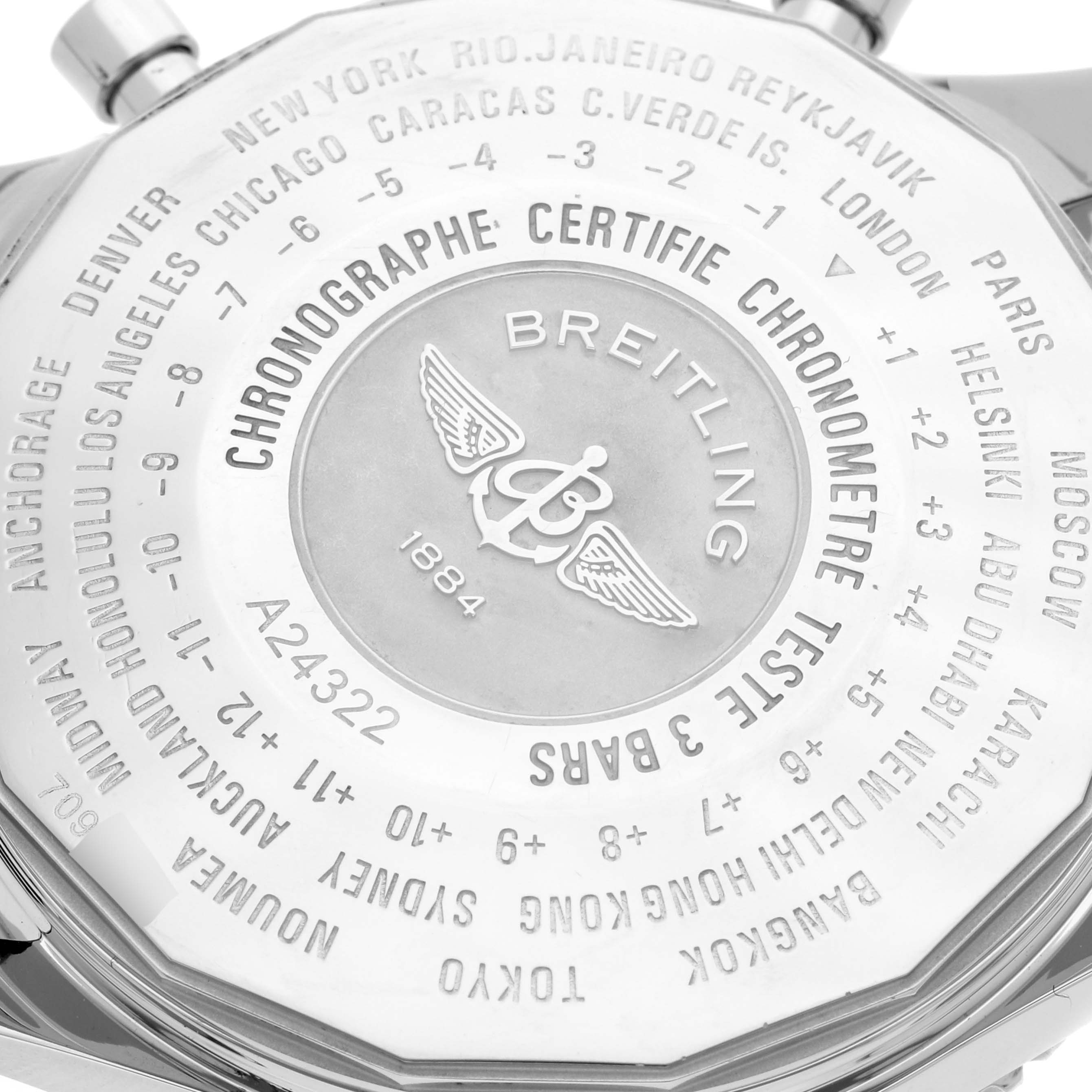 This is the back case of a Breitling Navitimer A24322 Men
s Stainless Steel Blue Dial A24322 Men
s Stainless Steel Blue Dial watch, displaying engraved time zones and the brand
s logo.