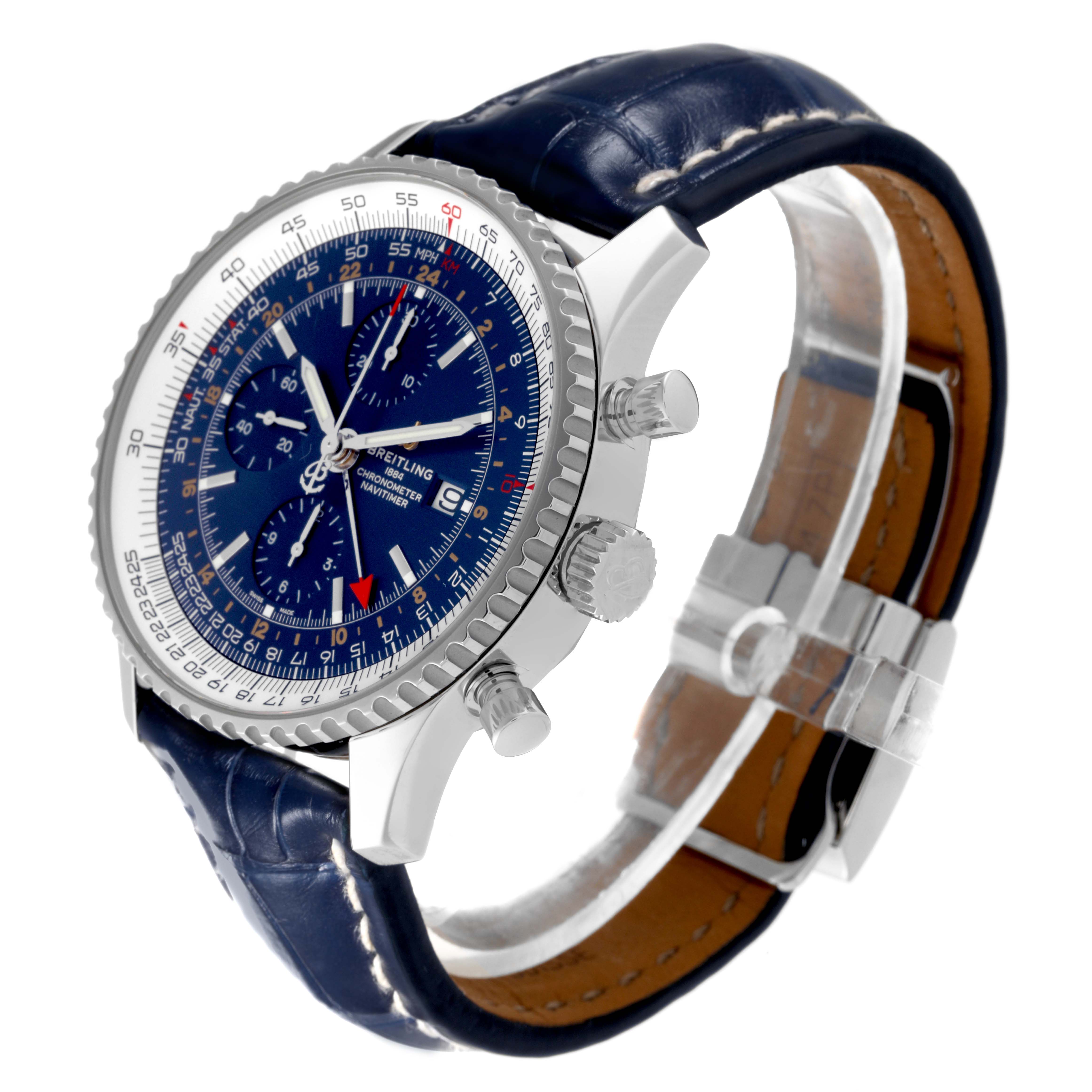This image shows a Breitling Navitimer A24322 Men
s Stainless Steel Blue Dial A24322 Men
s Stainless Steel Blue Dial watch at a three-quarters angle, highlighting its face, bezel, crown, chronograph buttons, and leather strap.