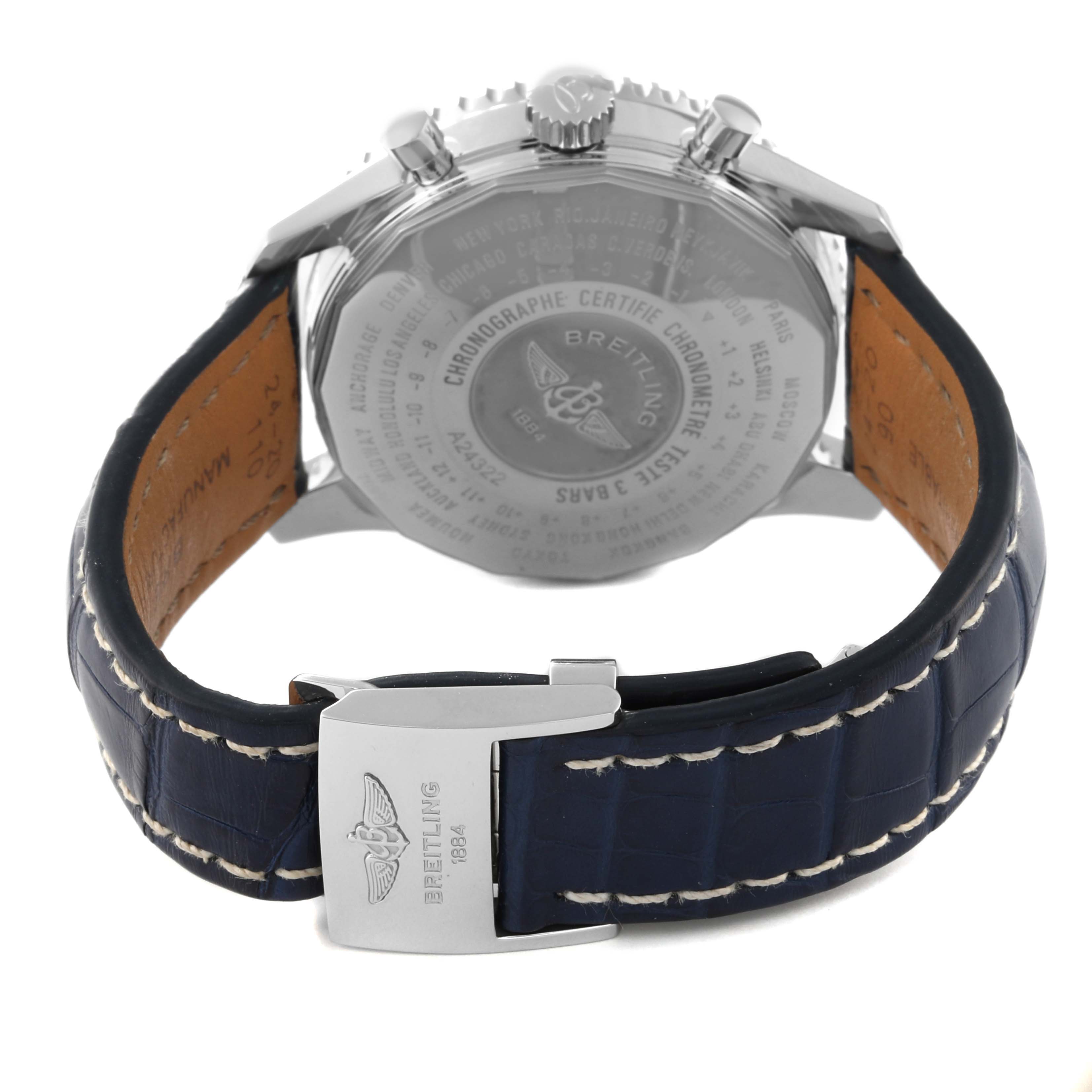 This image shows the back view of the Breitling Navitimer A24322 Men
s Stainless Steel Blue Dial A24322 Men
s Stainless Steel Blue Dial watch, focusing on the case back, crown, and blue leather strap.