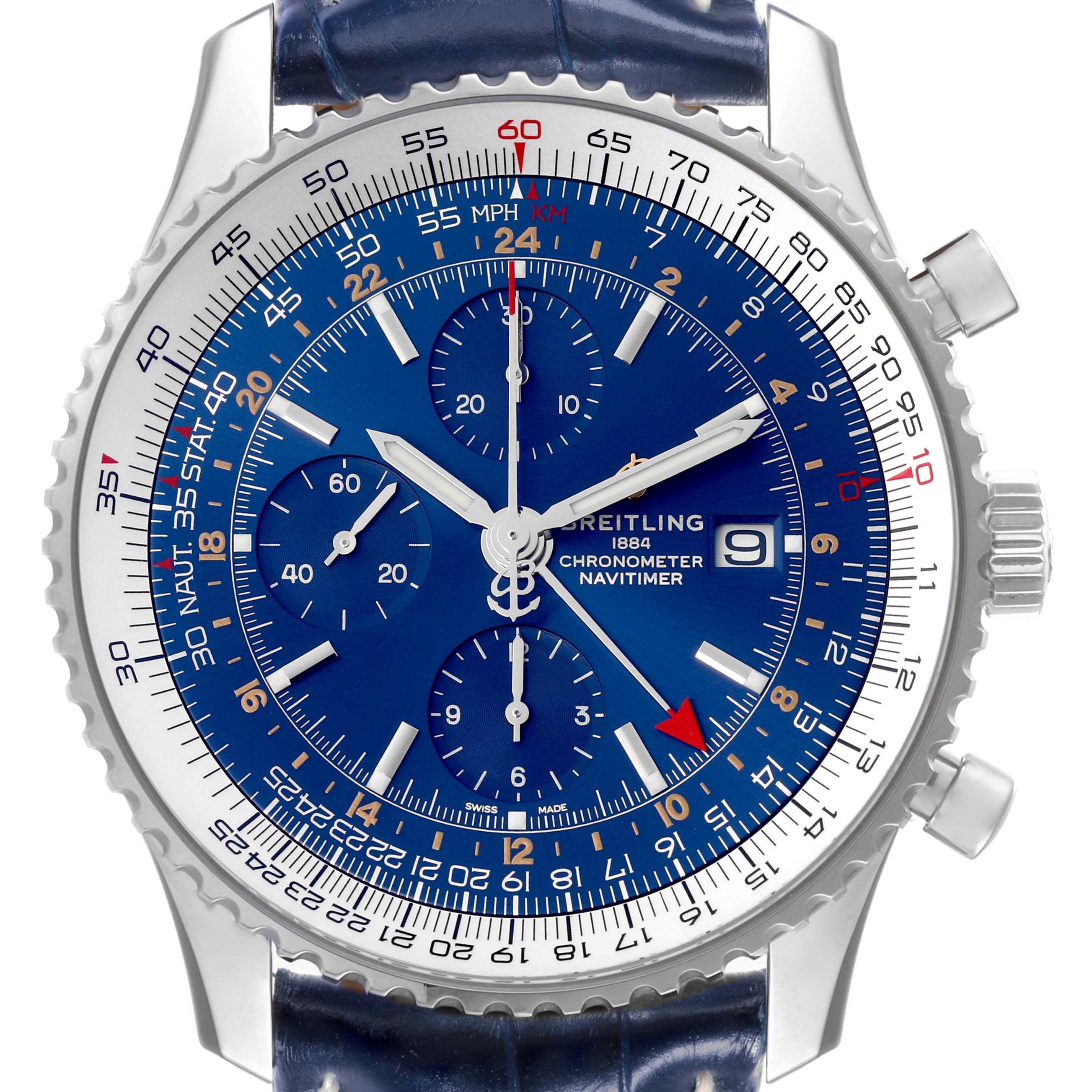 The image shows a front view of the Breitling Navitimer A24322 Men
s Stainless Steel Blue Dial A24322 Men
s Stainless Steel Blue Dial watch, highlighting its blue dial, chronograph features, and bezel.