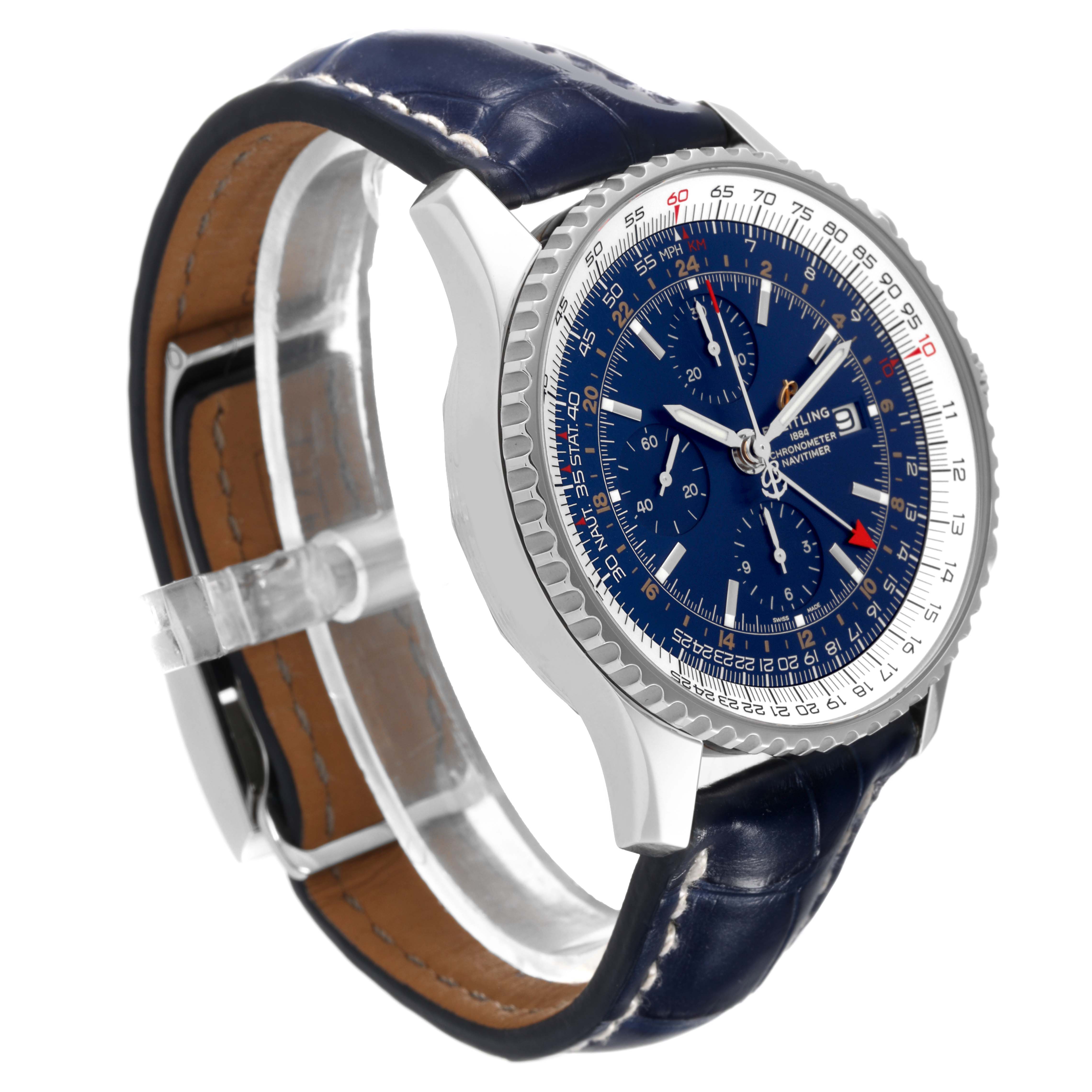 The image shows a Breitling Navitimer A24322 Men
s Stainless Steel Blue Dial A24322 Men
s Stainless Steel Blue Dial watch from a side angle, highlighting its blue dial, bezel, and leather strap.