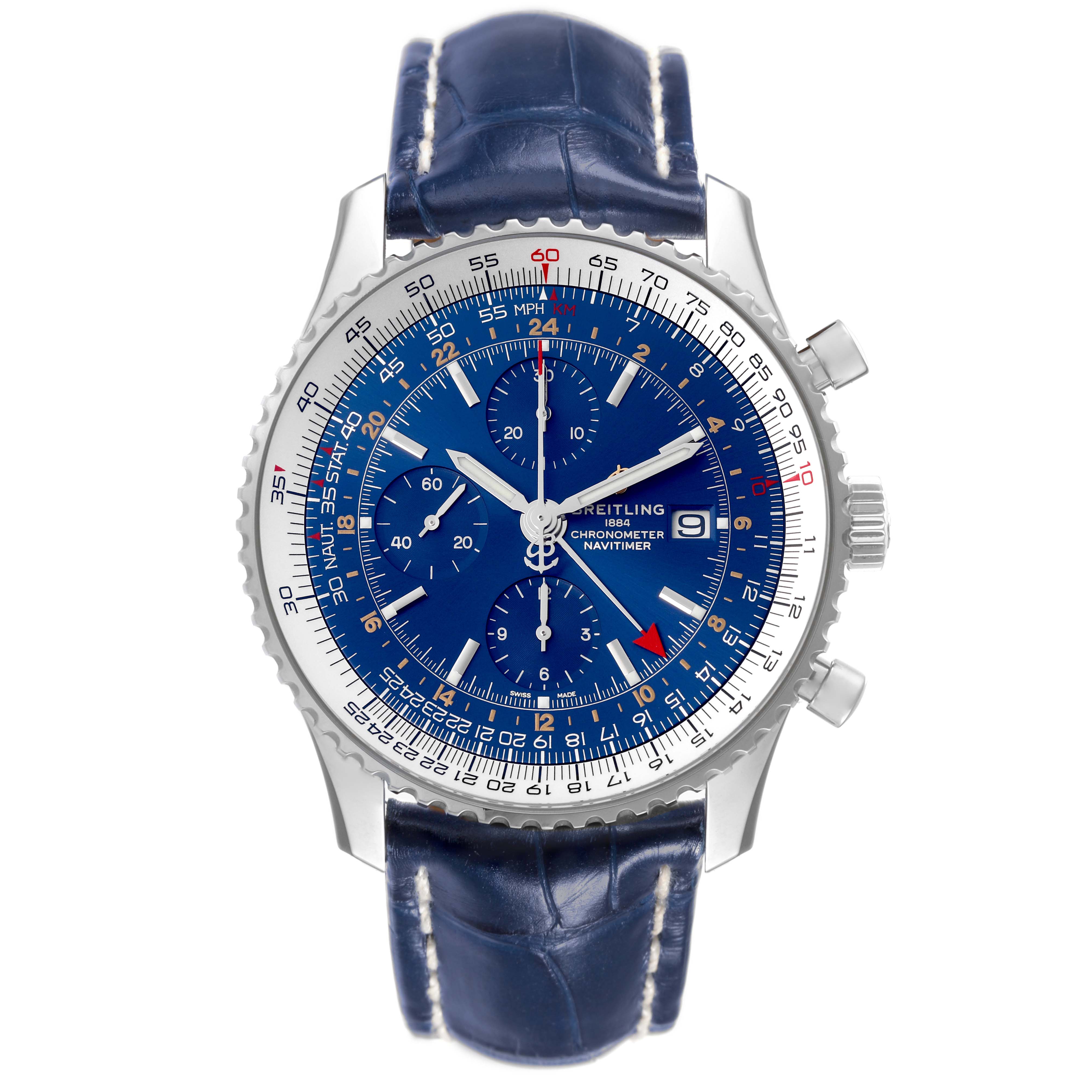 This image shows a frontal view of a Breitling Navitimer A24322 Men
s Stainless Steel Blue Dial A24322 Men
s Stainless Steel Blue Dial watch with a blue dial and leather strap.