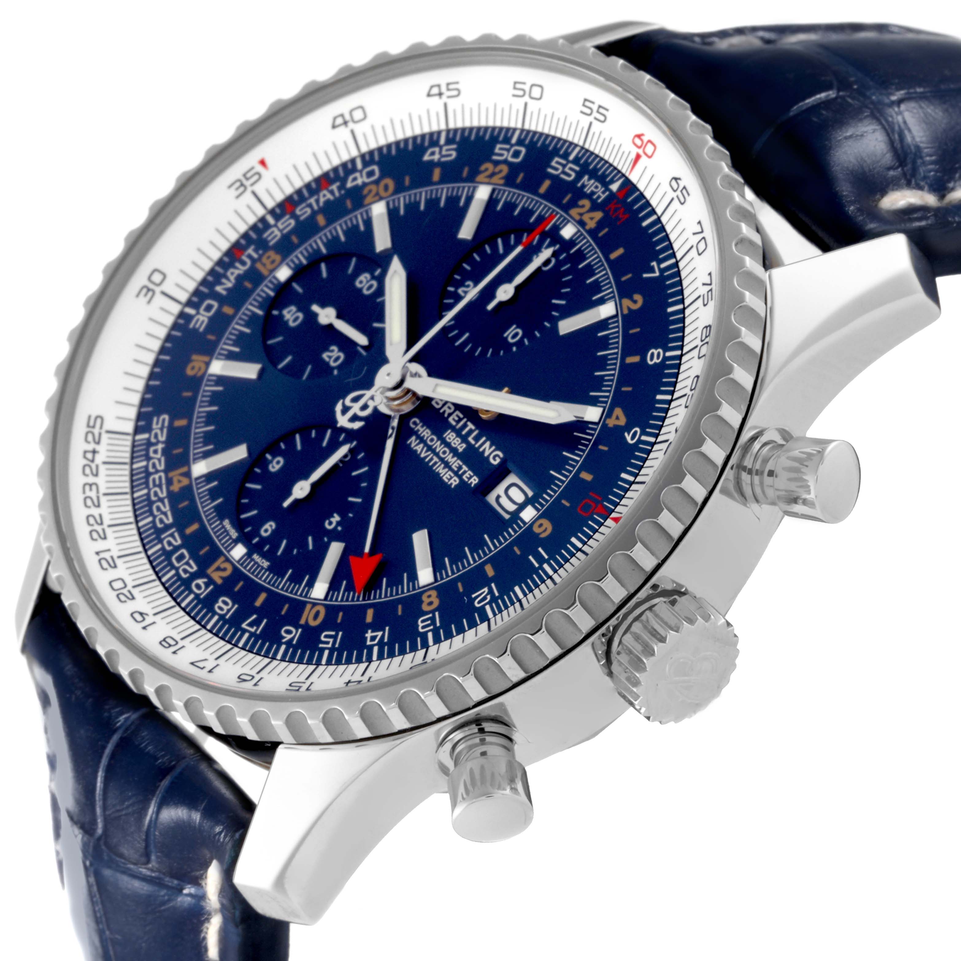 The image shows a side angle of the Breitling Navitimer A24322 Men
s Stainless Steel Blue Dial A24322 Men
s Stainless Steel Blue Dial watch, featuring its blue dial, chronograph subdials, and stainless steel case.