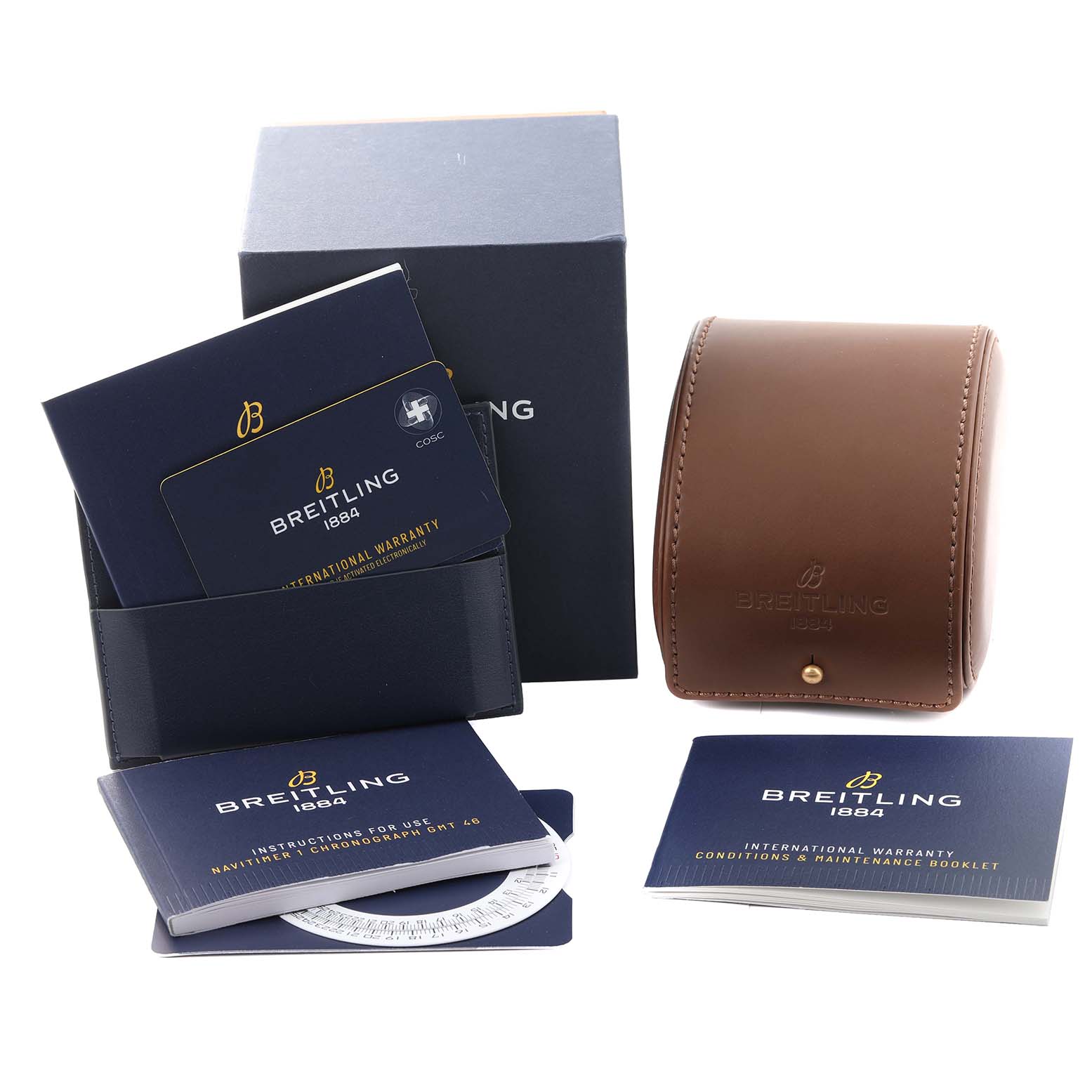 The image shows a Breitling Navitimer A24322 Men
s Stainless Steel Blue Dial A24322 Men
s Stainless Steel Blue Dial watch box, leather case, instruction manuals, warranty cards, and related accessories.