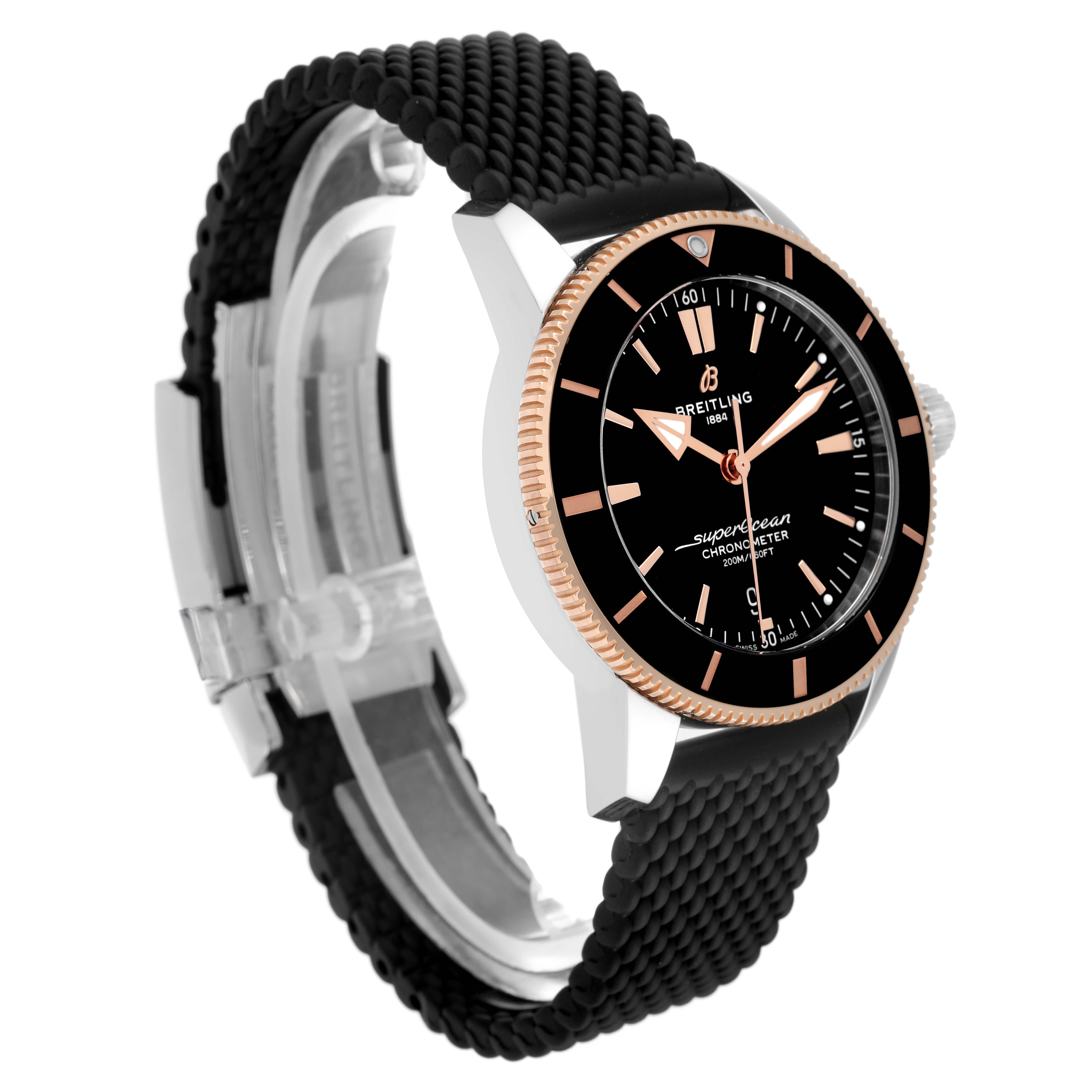 The Breitling Superocean UB2030121B1A1 Men's Stainless Steel Black Dial UB2030121B1A1 Men's Stainless Steel Black Dial watch is shown at a three-quarter angle highlighting its face, bezel, and textured strap.