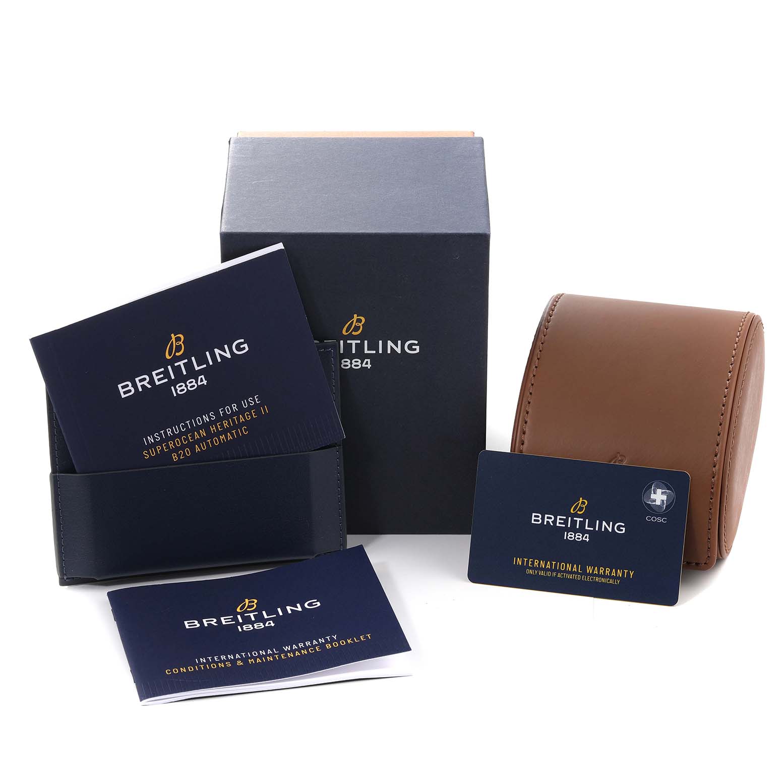 The image shows the packaging, booklet, warranty card, and carrying case for a Breitling Superocean UB2030121B1A1 Men's Stainless Steel Black Dial UB2030121B1A1 Men's Stainless Steel Black Dial watch.