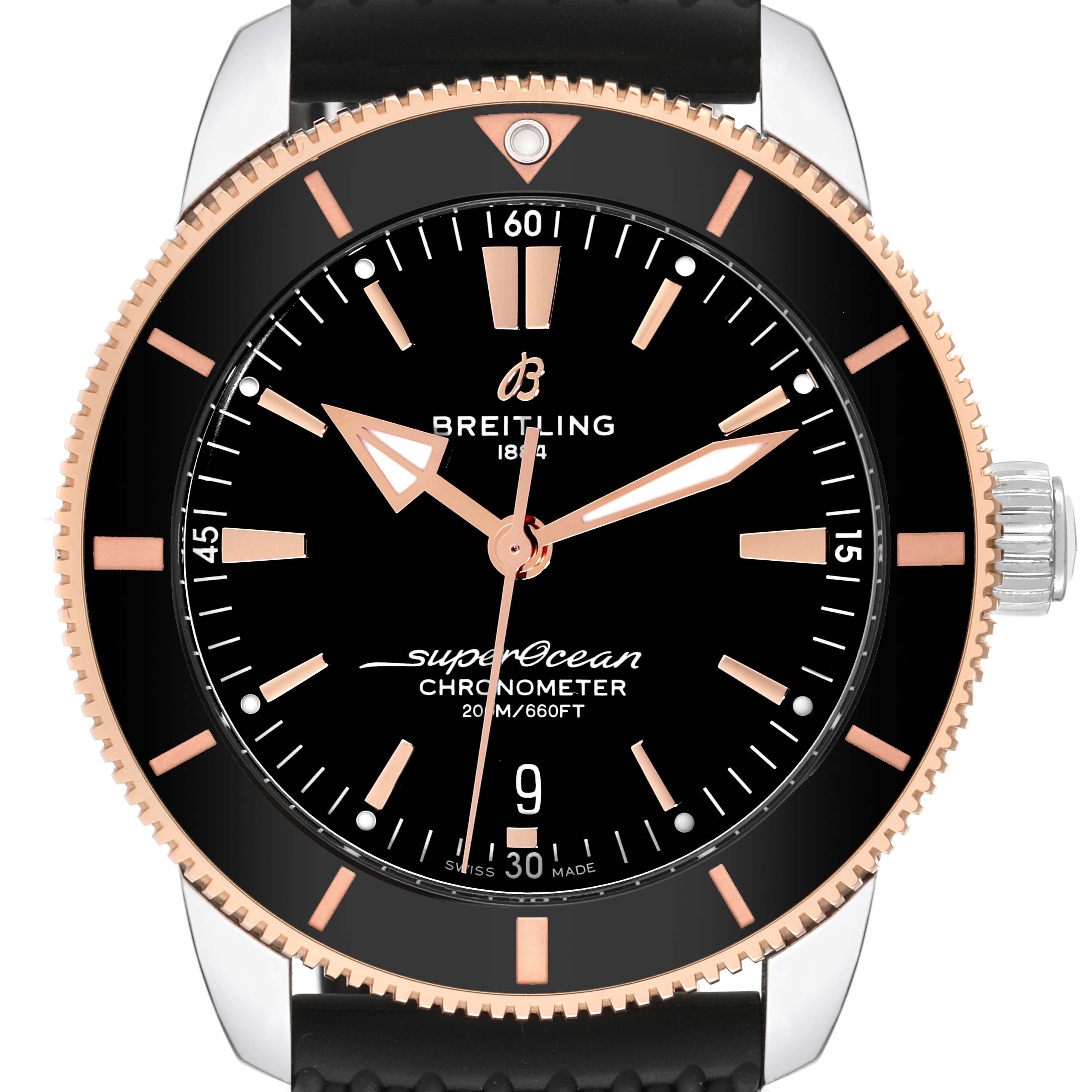 The image shows a front view of a Breitling Superocean UB2030121B1A1 Men's Stainless Steel Black Dial UB2030121B1A1 Men's Stainless Steel Black Dial watch, highlighting its black dial, rose gold accents, and bezel.