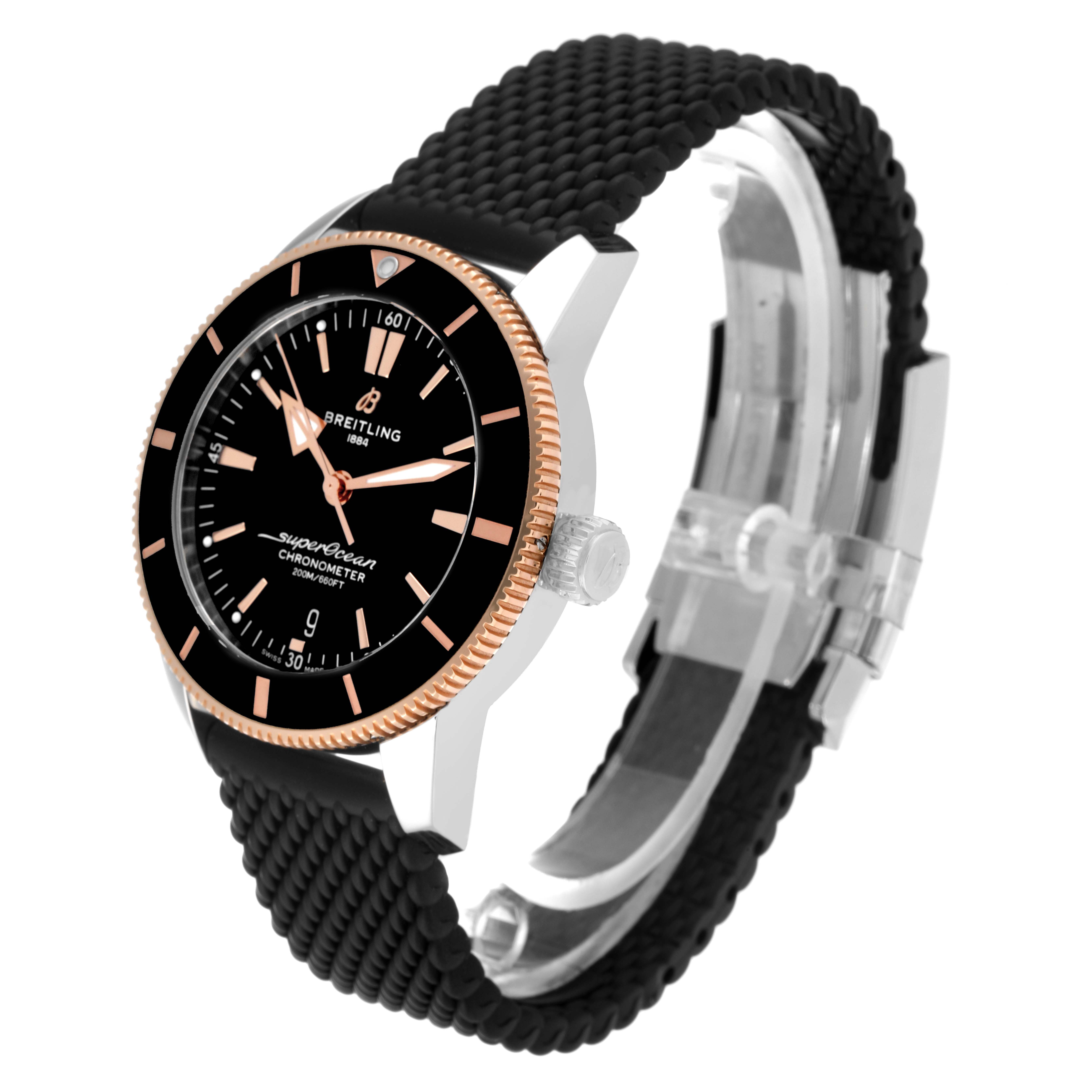 This image shows a Breitling Superocean UB2030121B1A1 Men's Stainless Steel Black Dial UB2030121B1A1 Men's Stainless Steel Black Dial watch angled from the front-left, highlighting its face, bezel, and a textured black strap.