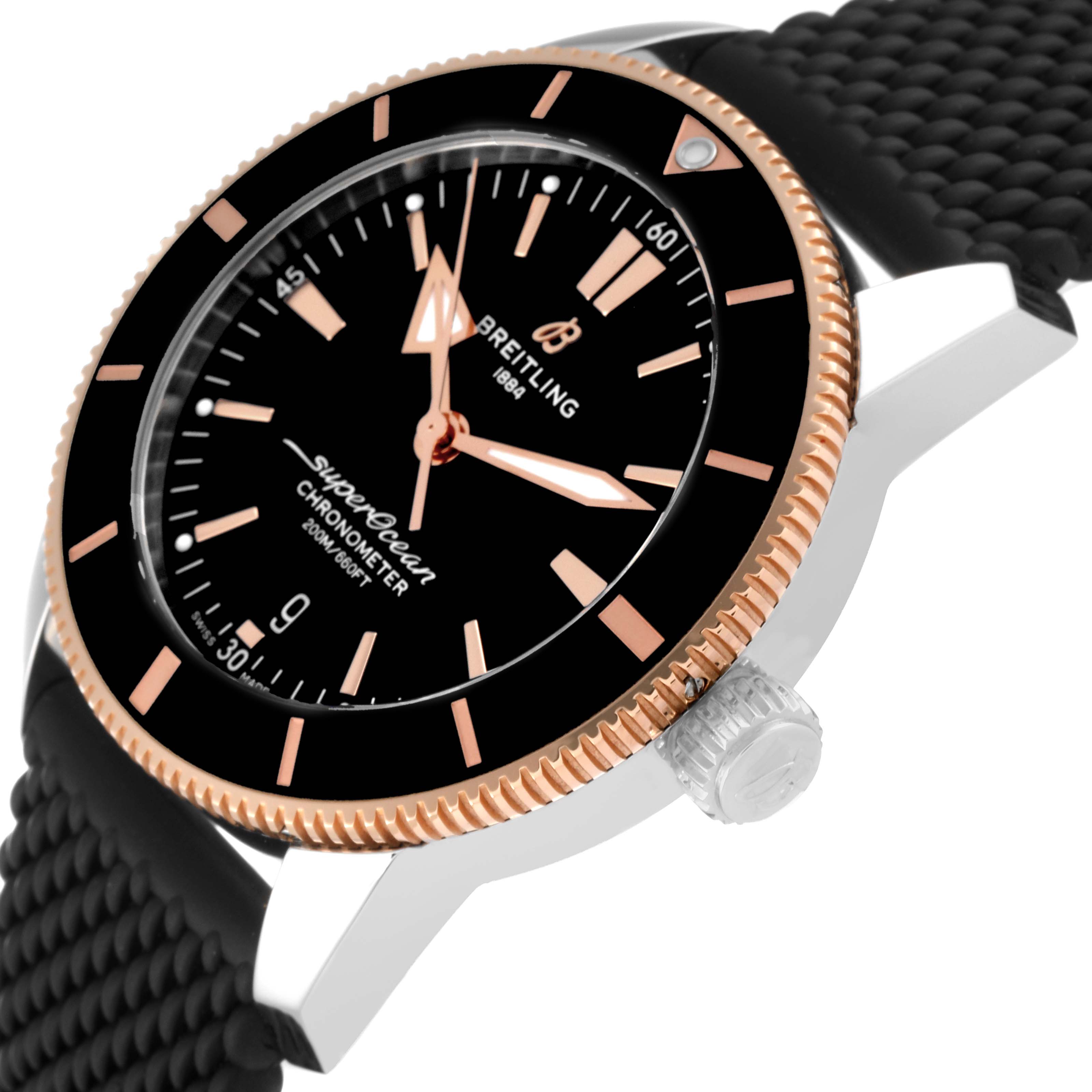 The image shows a side angle of a Breitling Superocean UB2030121B1A1 Men's Stainless Steel Black Dial UB2030121B1A1 Men's Stainless Steel Black Dial watch, highlighting the bezel, dial, crown, and rubber strap.