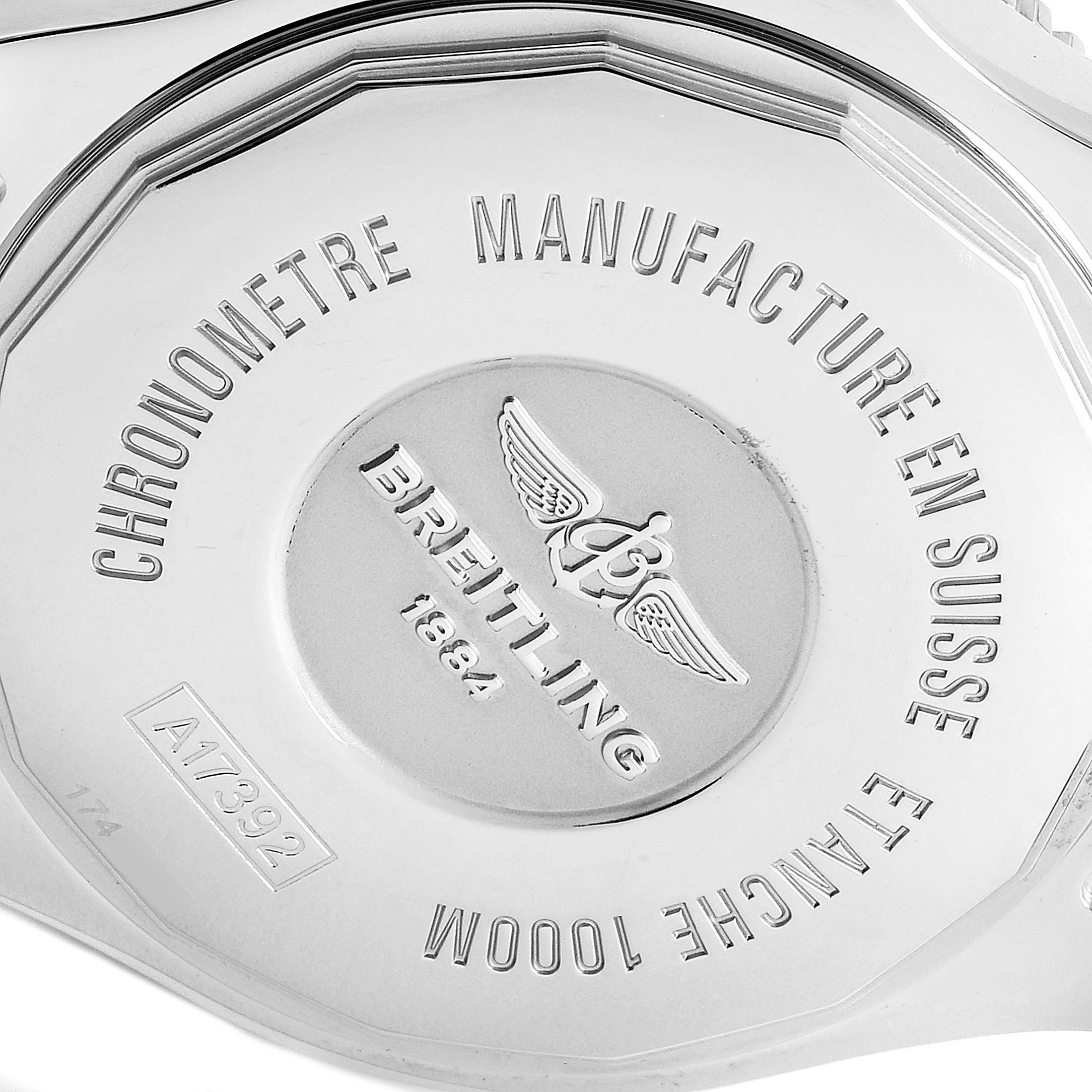 The image shows the case back of the Breitling Superocean A17392 Men's Stainless Steel Black Dial A17392 Men's Stainless Steel Black Dial watch with engraved branding and specifications.