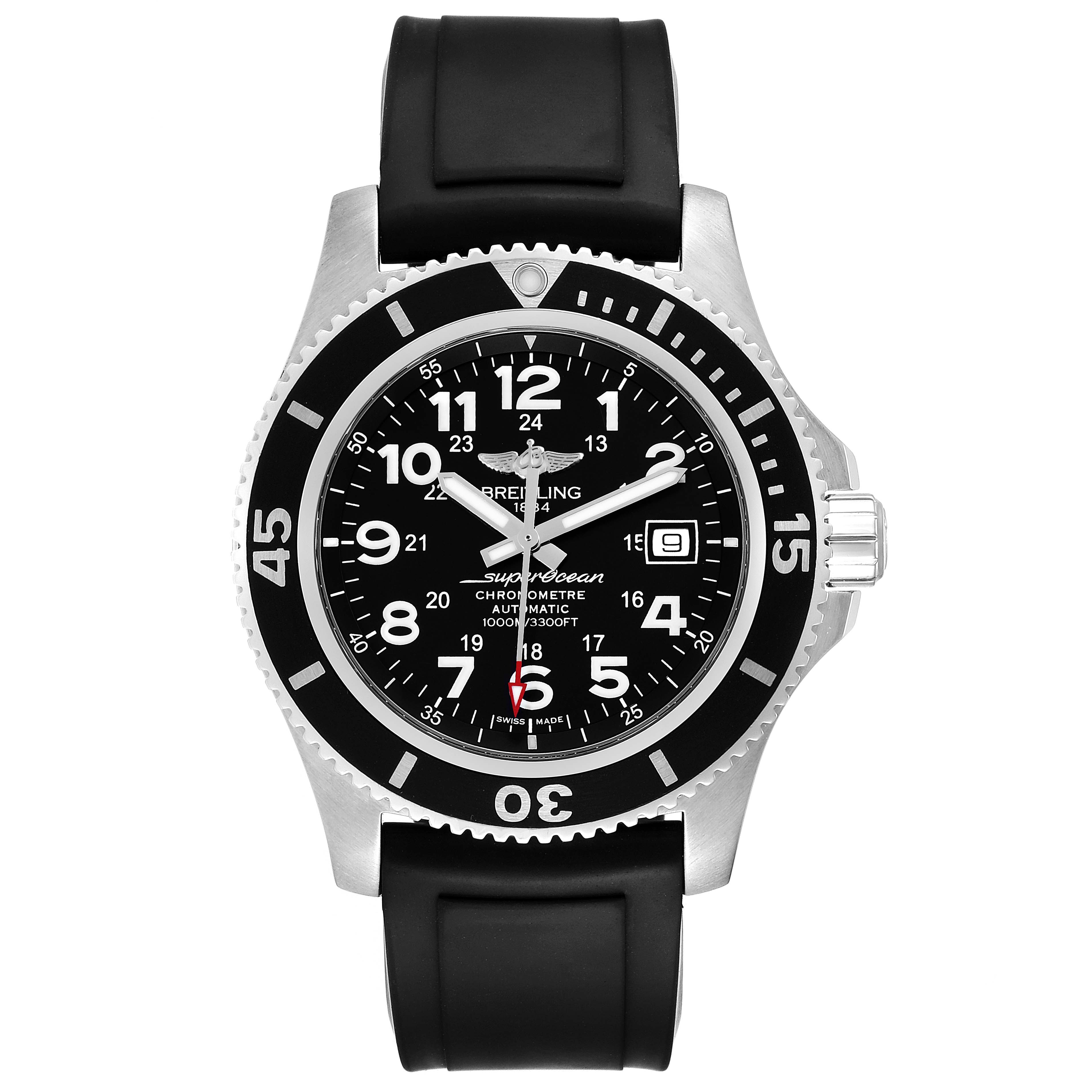 The image shows a front view of a Breitling Superocean A17392 Men's Stainless Steel Black Dial A17392 Men's Stainless Steel Black Dial watch, displaying its face, bezel, crown, and black strap.