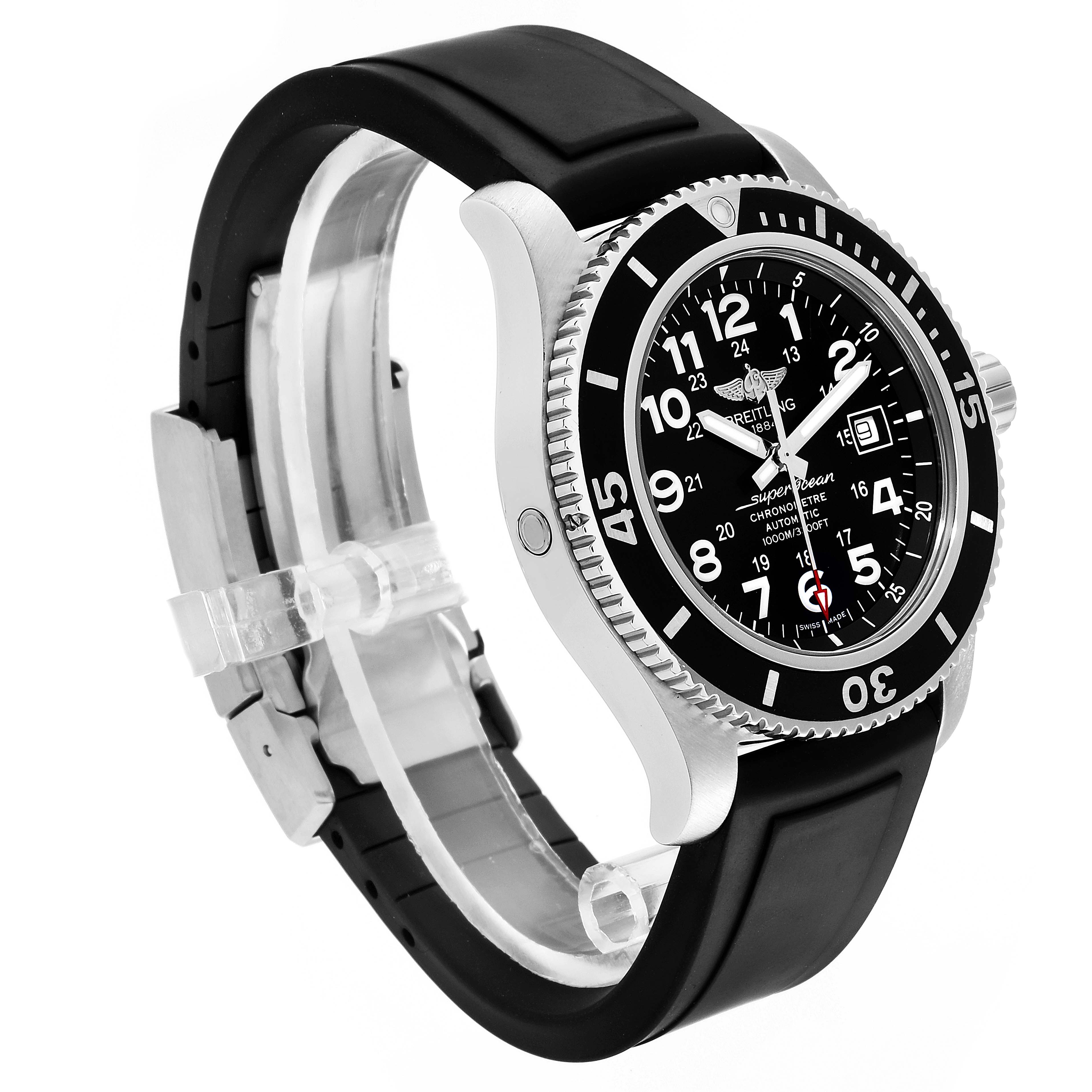 The Breitling Superocean A17392 Men's Stainless Steel Black Dial A17392 Men's Stainless Steel Black Dial watch is shown at an angled side view, highlighting its bezel, dial, and black rubber strap.