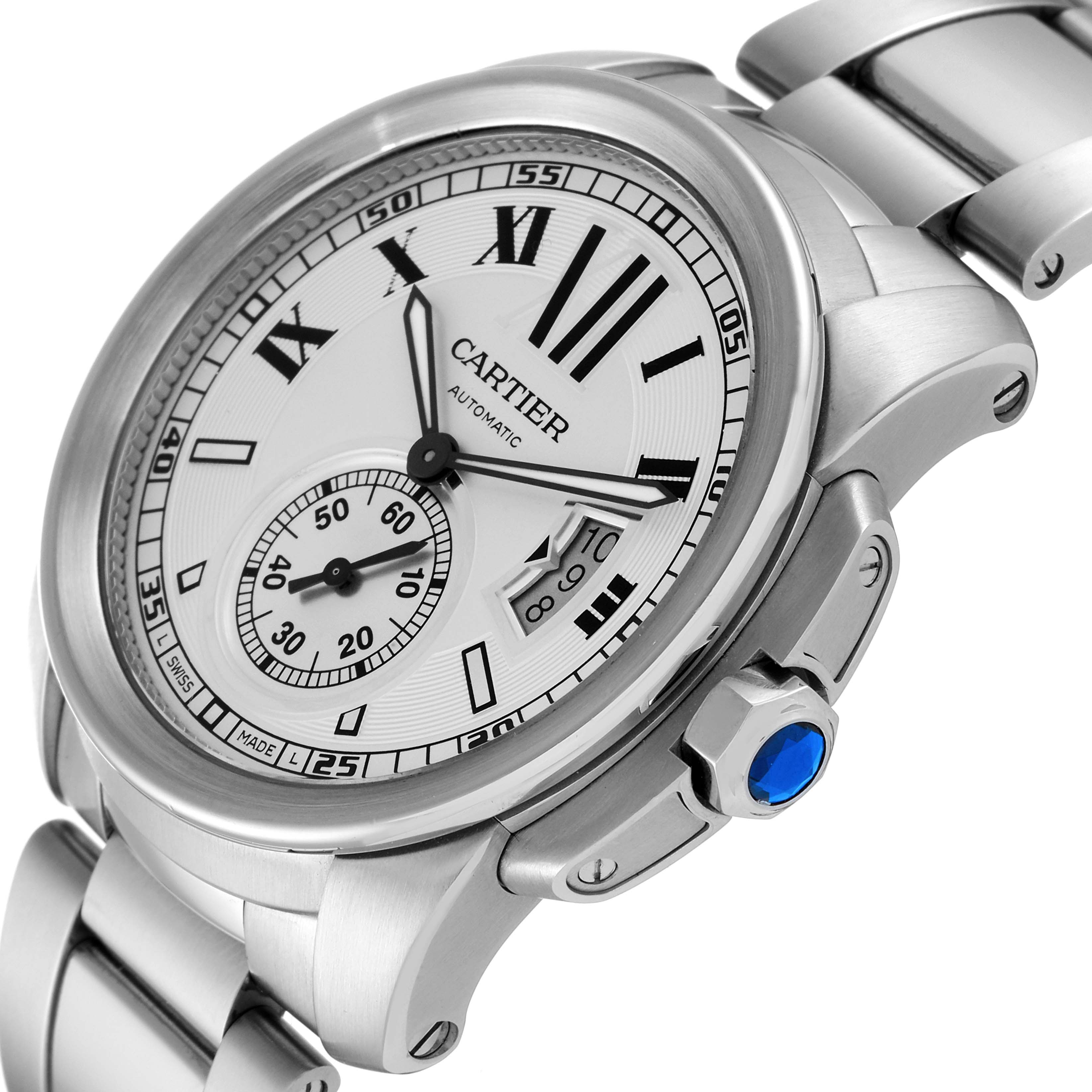 The image shows a Calibre de Cartier watch by Cartier from an angled side view, highlighting the dial, crown, and part of the bracelet.