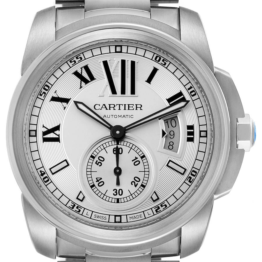 Calibre De Cartier Silver Dial Steel Automatic Mens Watch W7100015 Papers SwissWatchExpo