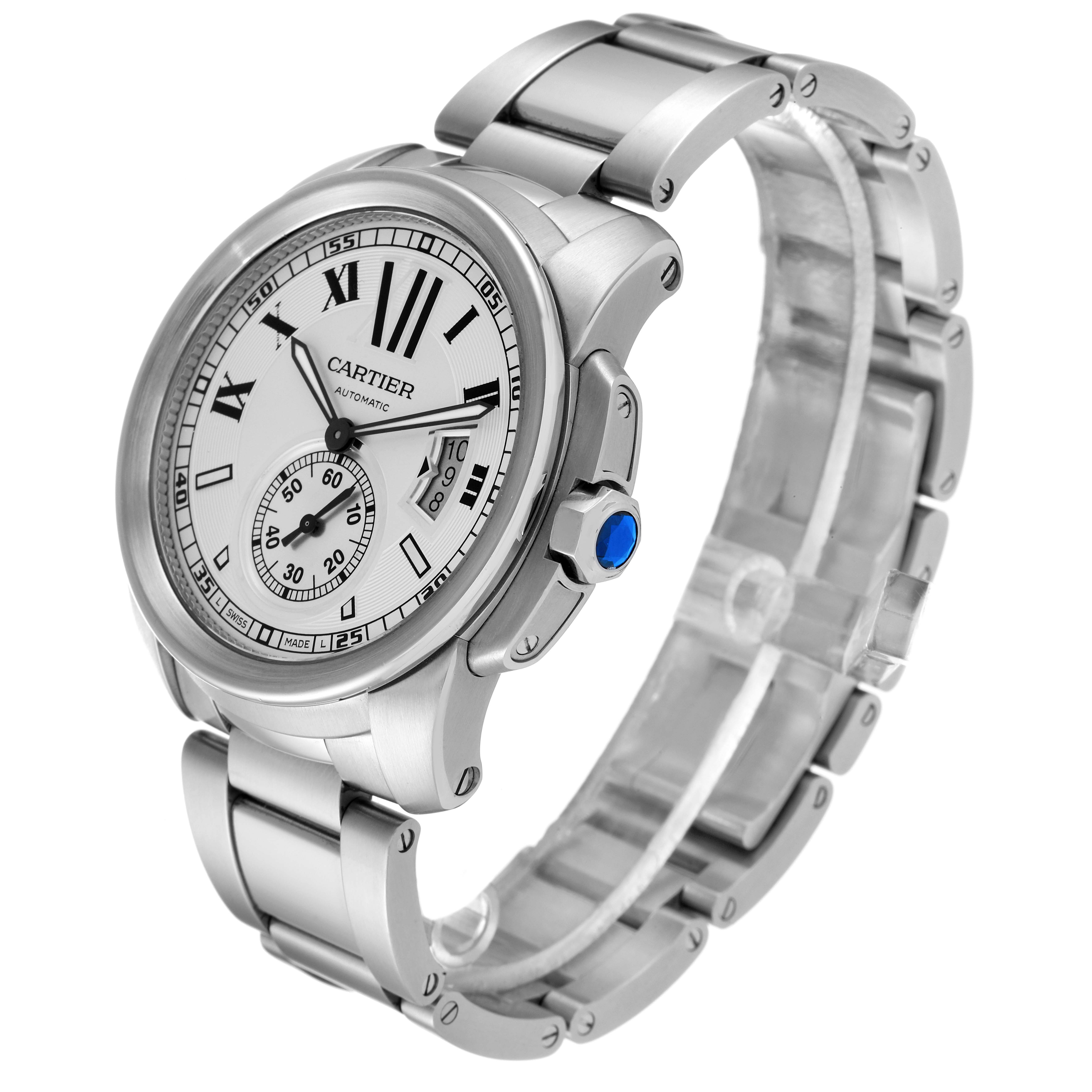 The image shows a Calibre de Cartier watch by Cartier at a slight angle, highlighting the face, bezel, crown, and bracelet.