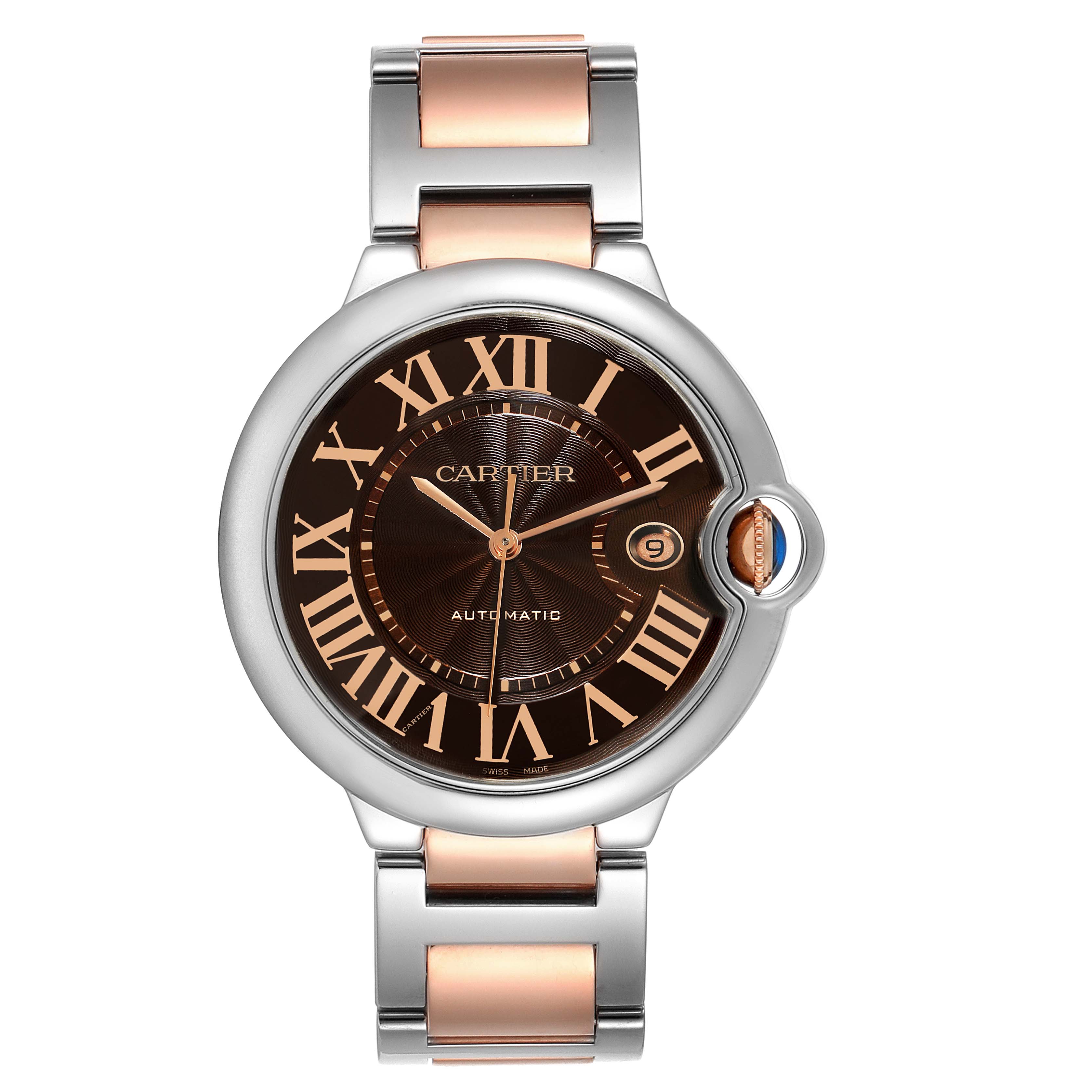 The image shows a front view of a Cartier Ballon Bleu W6920032 Men's Steel and Gold (two tone) Brown Dial W6920032 Men's Steel and Gold (two tone) Brown Dial watch, highlighting its dial, hands, date window, and two-tone bracelet.