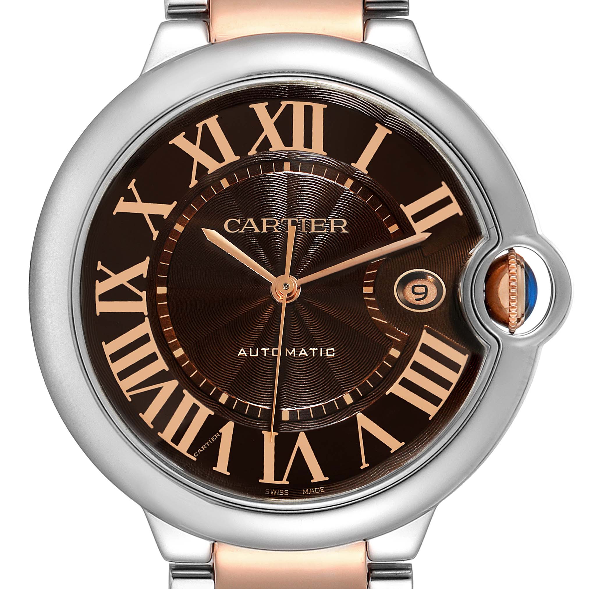 The image shows a close-up of the Cartier Ballon Bleu W6920032 Men's Steel and Gold (two tone) Brown Dial W6920032 Men's Steel and Gold (two tone) Brown Dial watch face featuring Roman numerals and an automatic movement.
