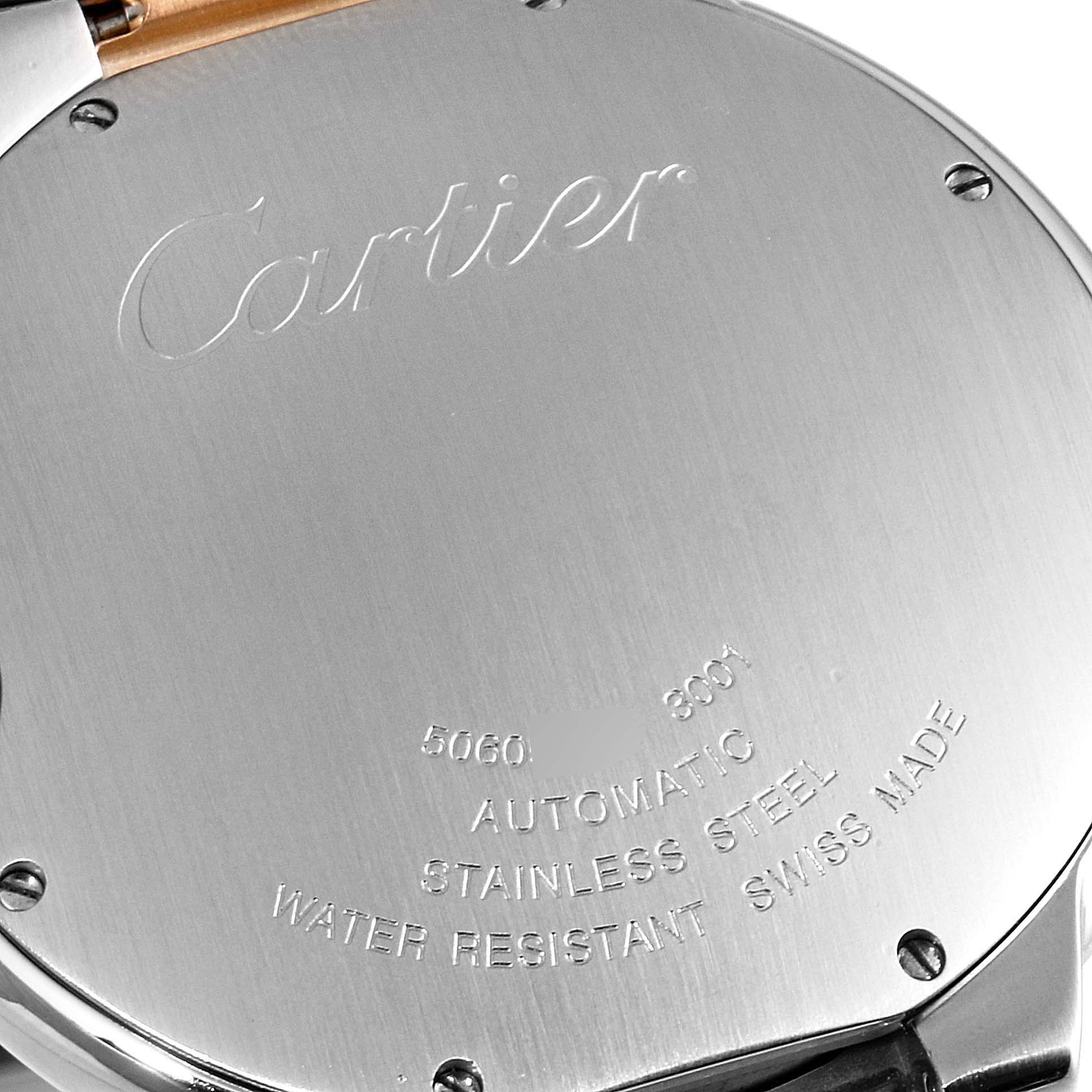 This image shows the stainless steel back case of a Ballon Bleu model by Cartier, engraved with water resistance, material, and origin details.