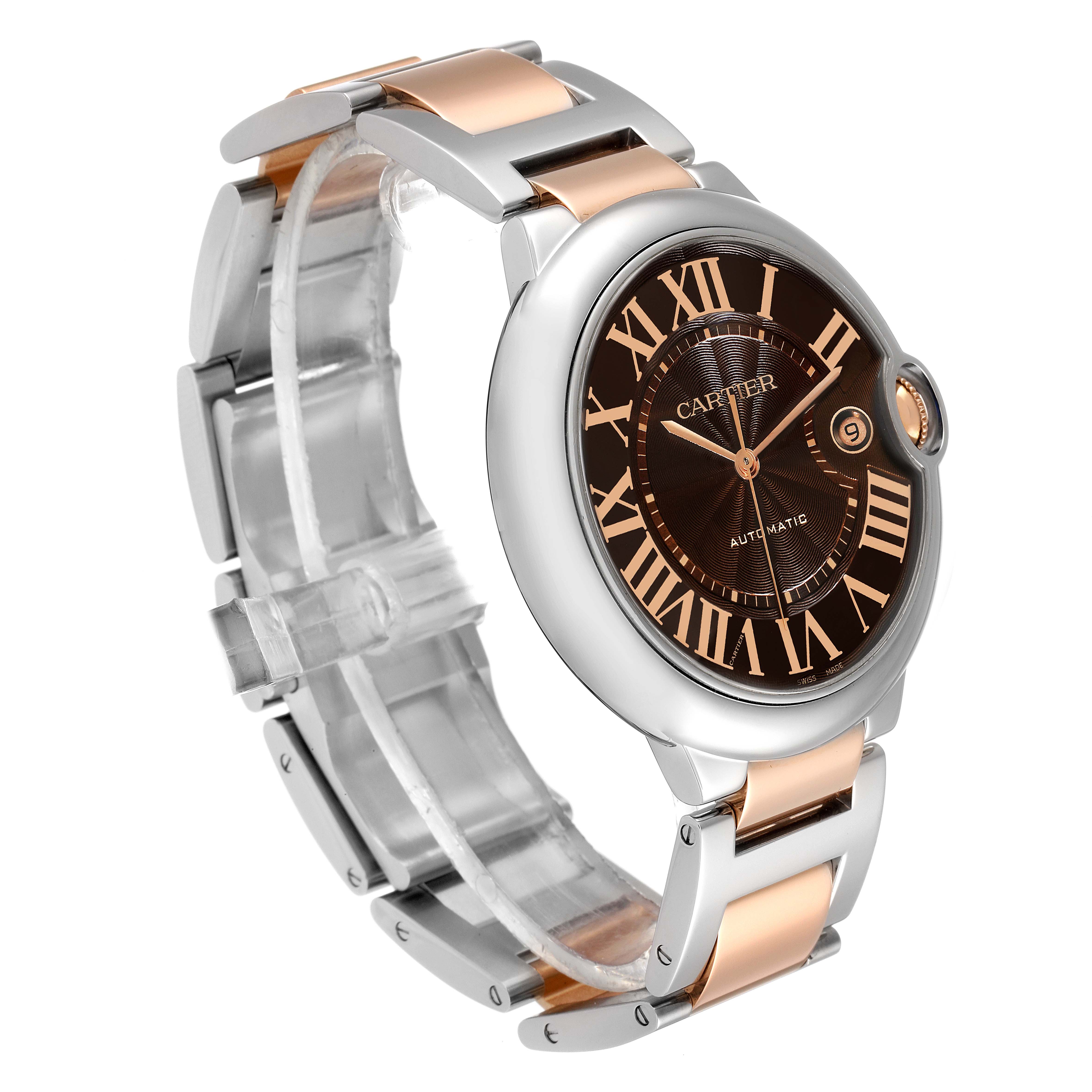 The image showcases a Ballon Bleu de Cartier watch at a three-quarter angle, highlighting the face and bracelet.