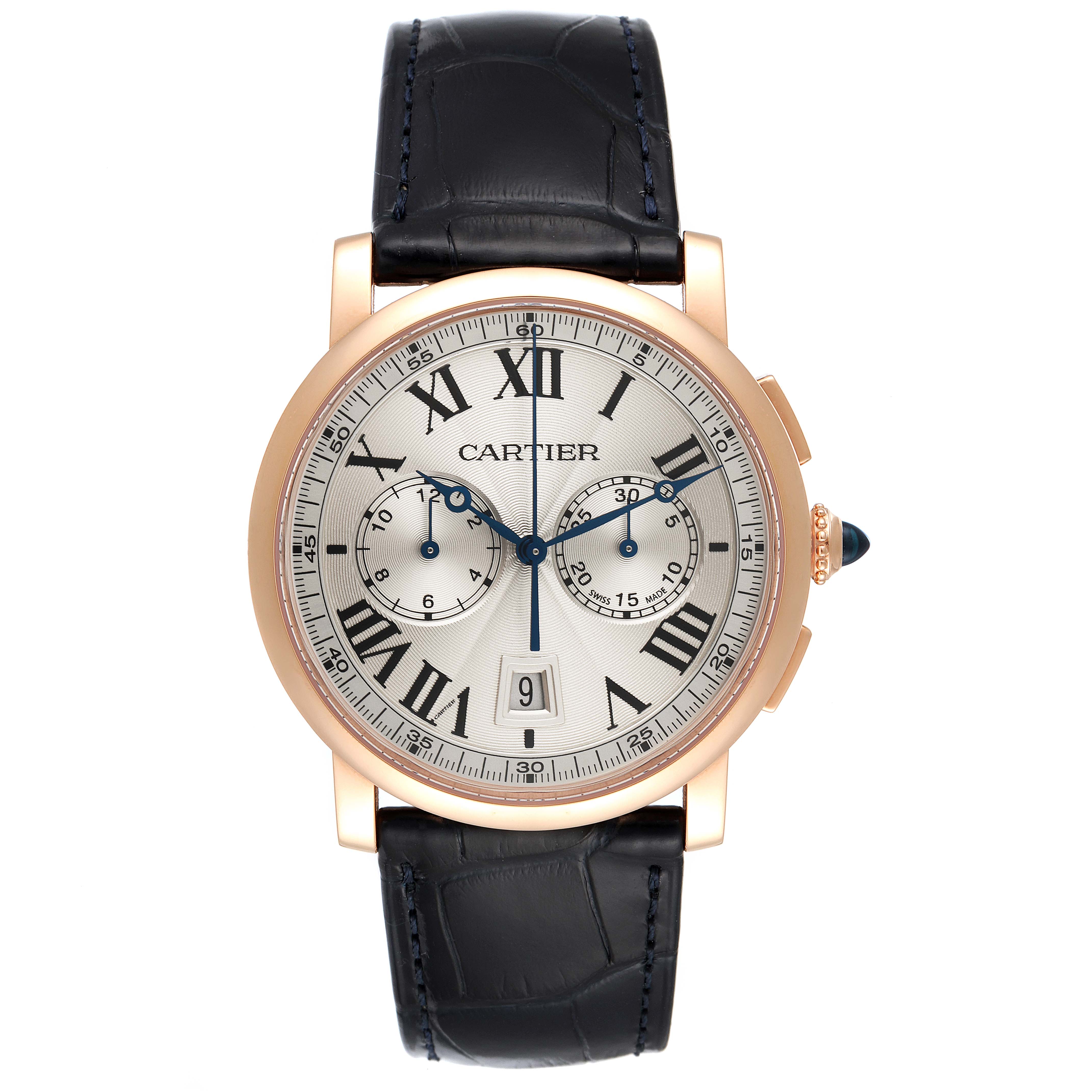 The image shows a front view of a Cartier Rotonde W1556238 Men's Rose Gold Silver Dial W1556238 Men's Rose Gold Silver Dial model watch, detailing the dial, hands, subdials, and black leather strap.