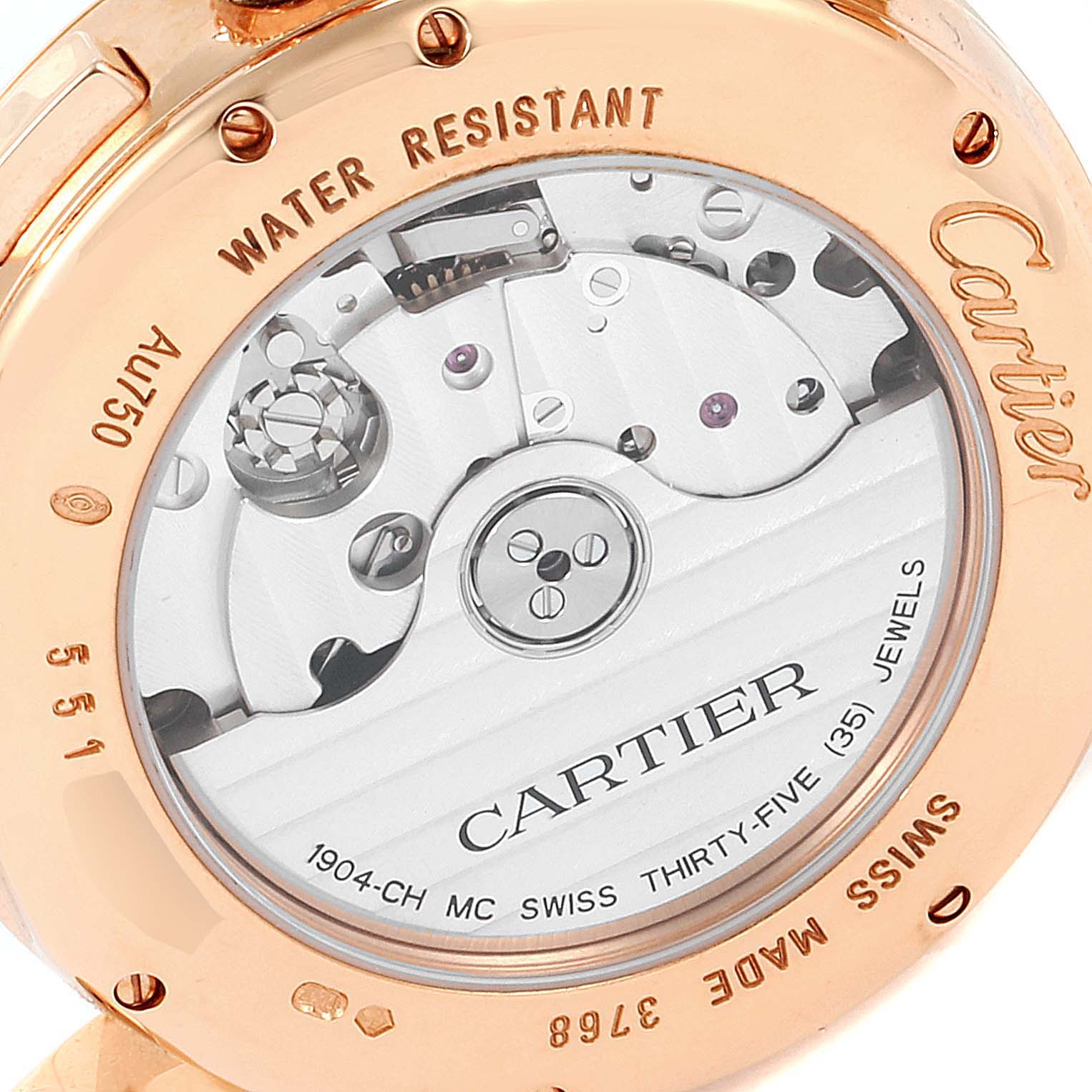 This image shows the back view of a Rotonde de Cartier watch, highlighting its movement and branding engravings.