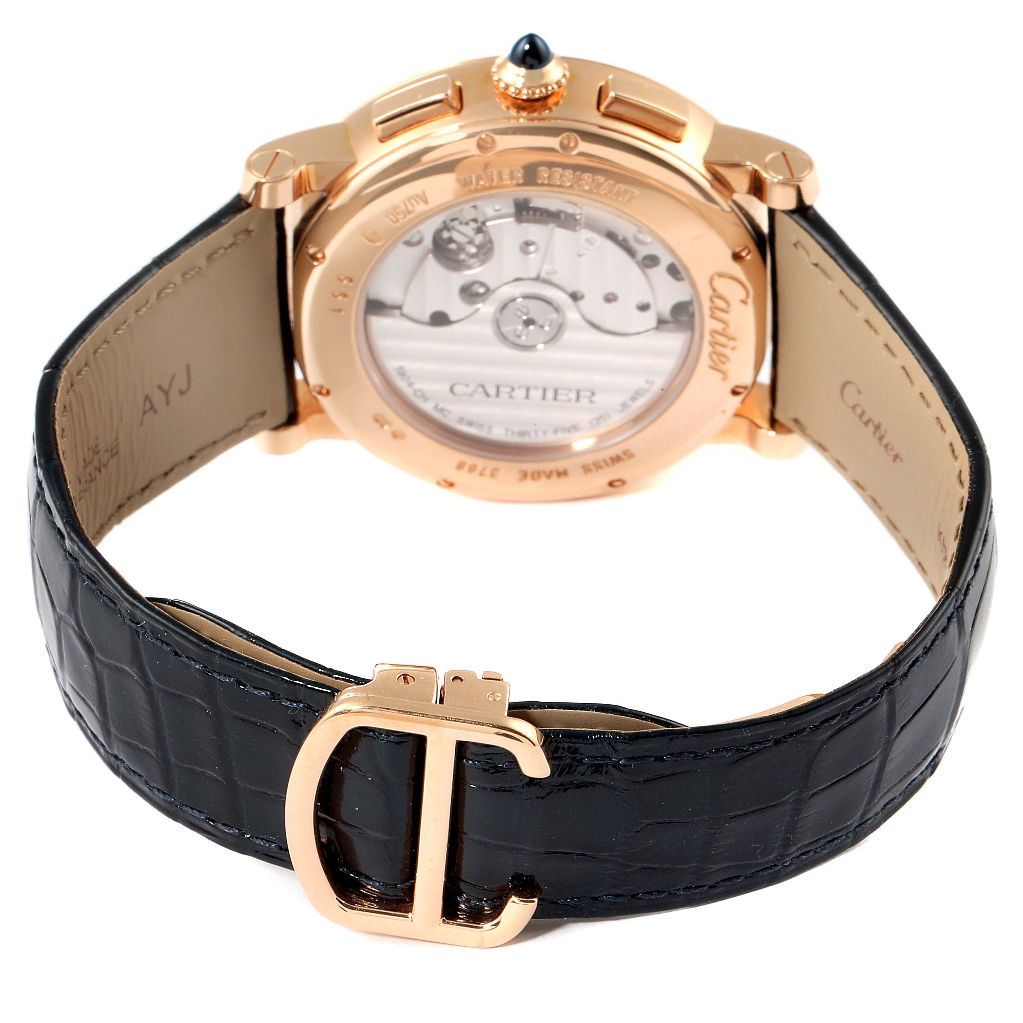 The image shows the back view of a Cartier Rotonde W1556238 Men's Rose Gold Silver Dial W1556238 Men's Rose Gold Silver Dial watch, highlighting the caseback, movement, strap, and buckle.