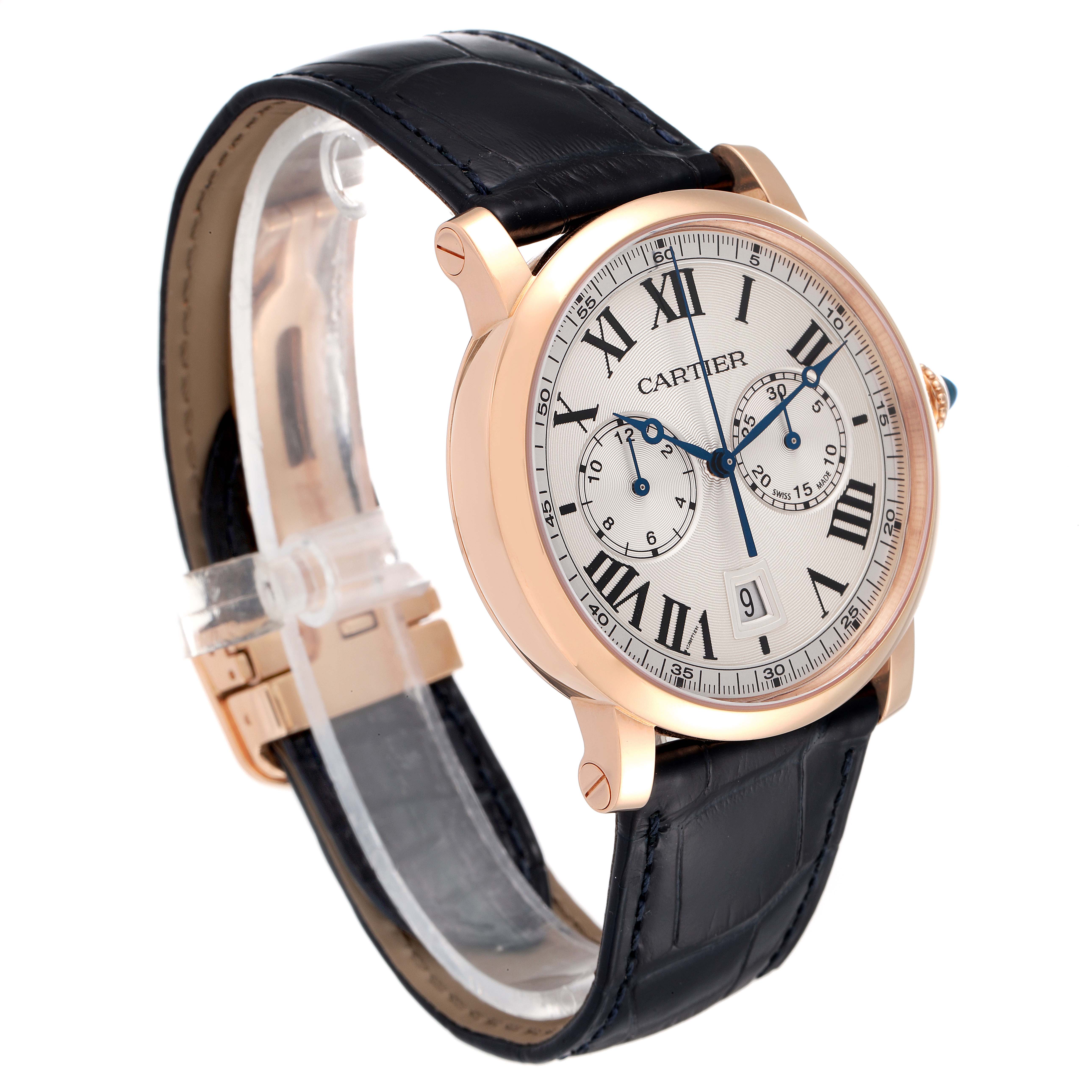 The image shows a Rotonde de Cartier watch at a slight angle, highlighting its face, Roman numerals, subdials, and black strap.