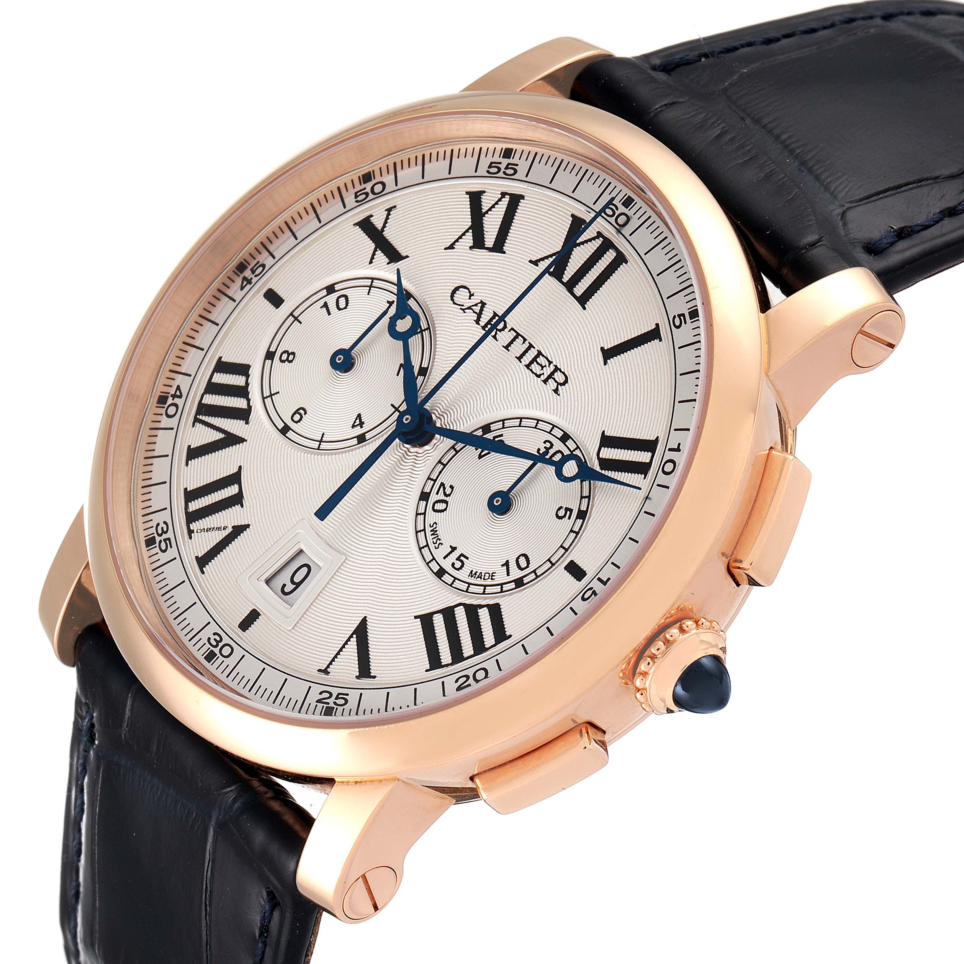 The image shows a Rotonde de Cartier watch at a slight angle, highlighting the face, Roman numerals, sub-dials, and crown.