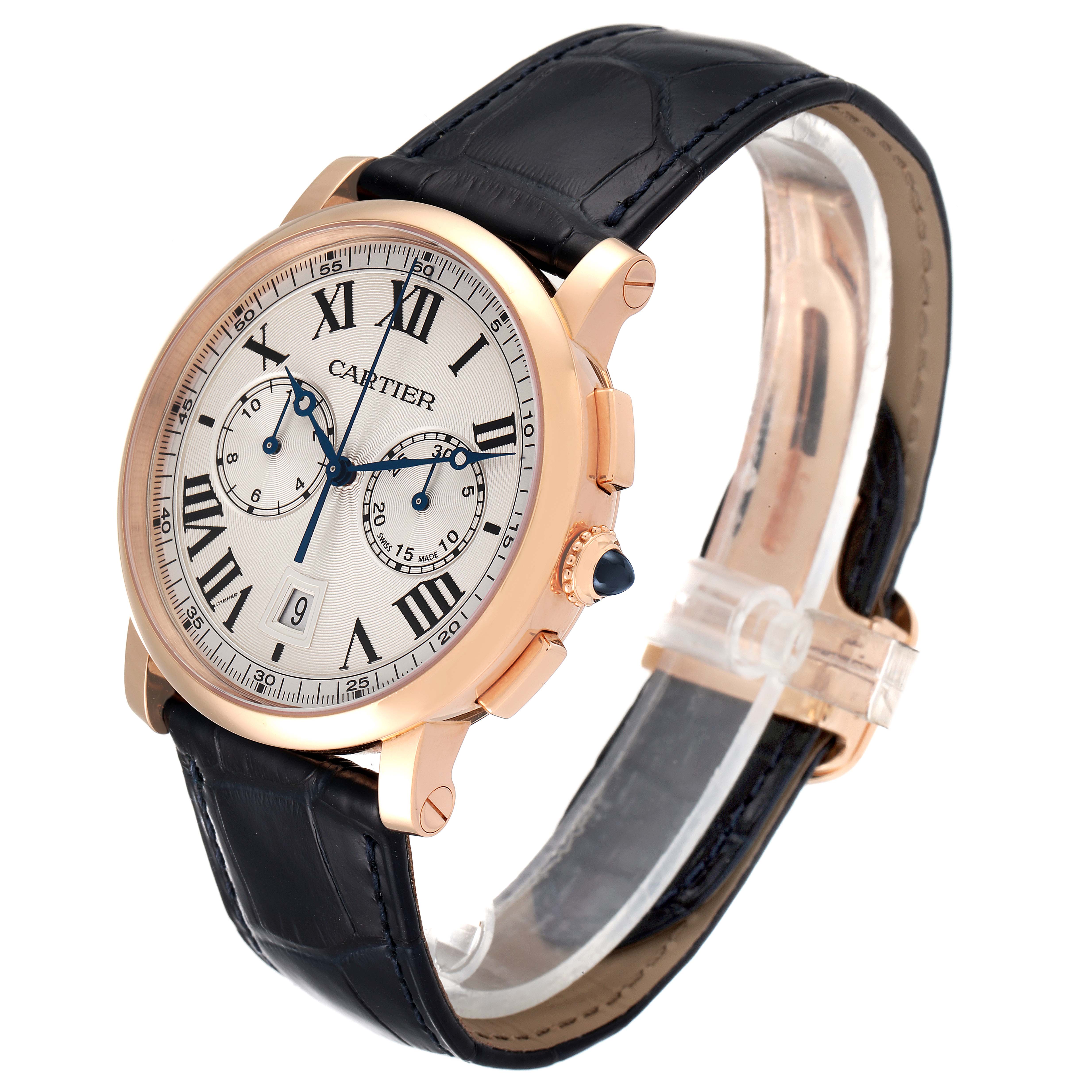 The image shows a Cartier Rotonde W1556238 Men's Rose Gold Silver Dial W1556238 Men's Rose Gold Silver Dial watch from a three-quarter angle, highlighting the dial, leather strap, crown, and pushers.