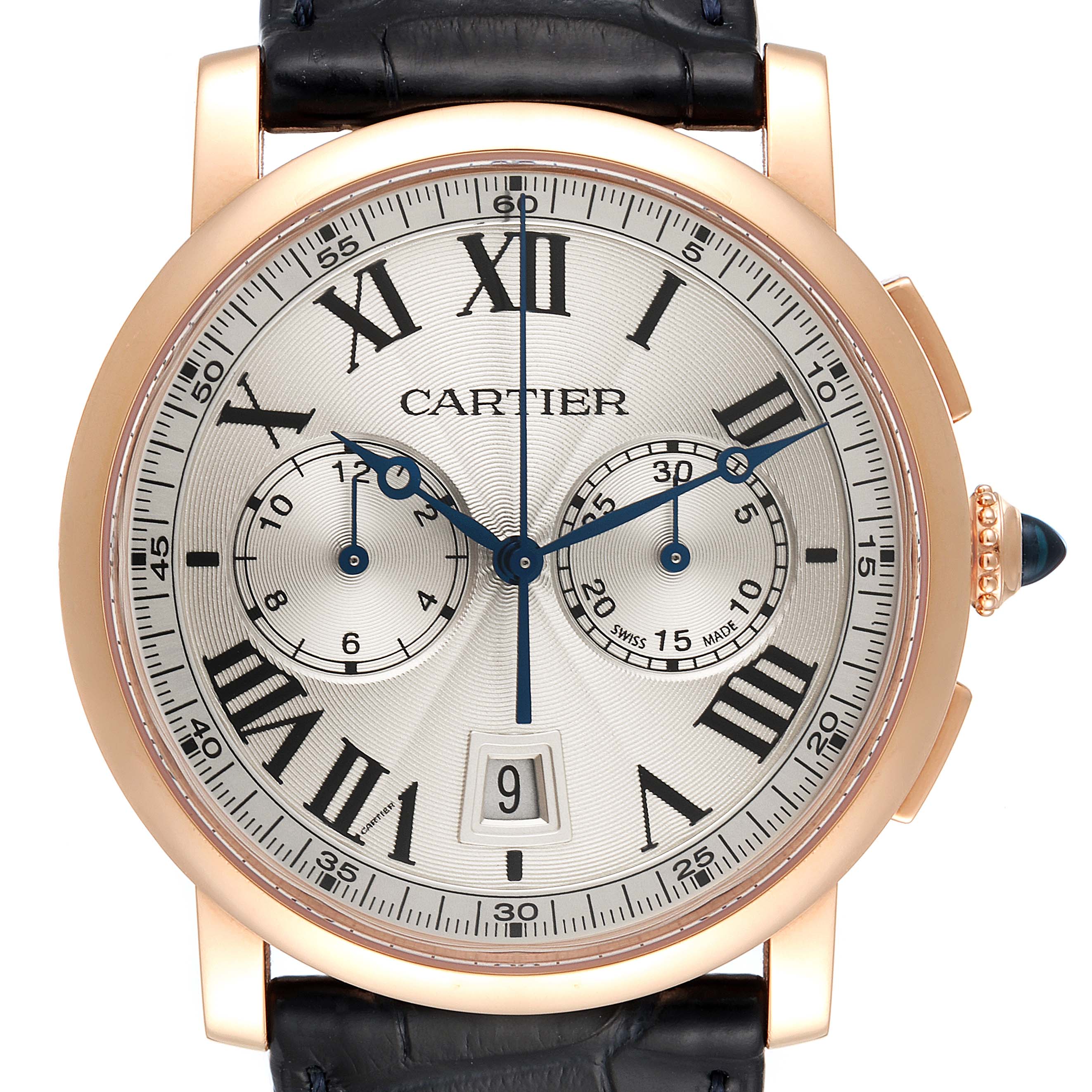 This image shows a frontal view of the Cartier Rotonde W1556238 Men's Rose Gold Silver Dial W1556238 Men's Rose Gold Silver Dial watch face, displaying its Roman numerals, sub-dials, and date indicator.