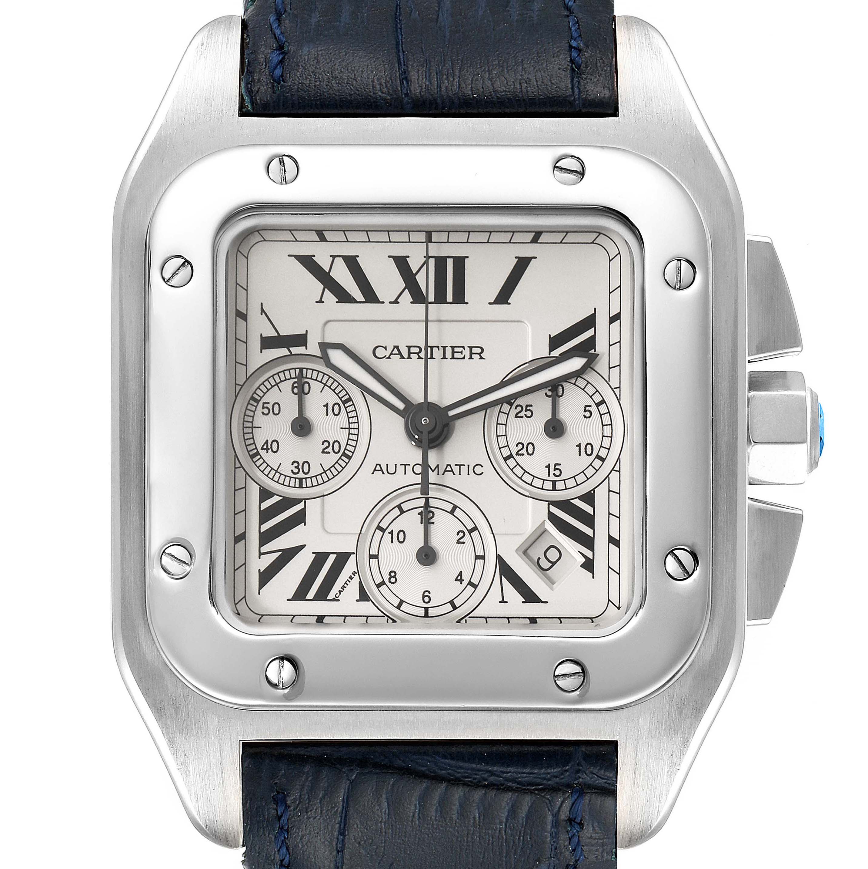 This image shows a front view of the Cartier Santos W20090X8 Men
s Stainless Steel Silver Dial W20090X8 Men
s Stainless Steel Silver Dial watch, highlighting the dial, case, and part of the leather strap.